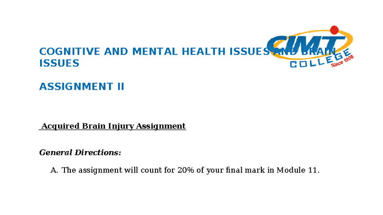 COGNITIVE & MENTAL HEALTH ISSUES ASSIGNMENT II - BRAIN INJURY - Studocu
