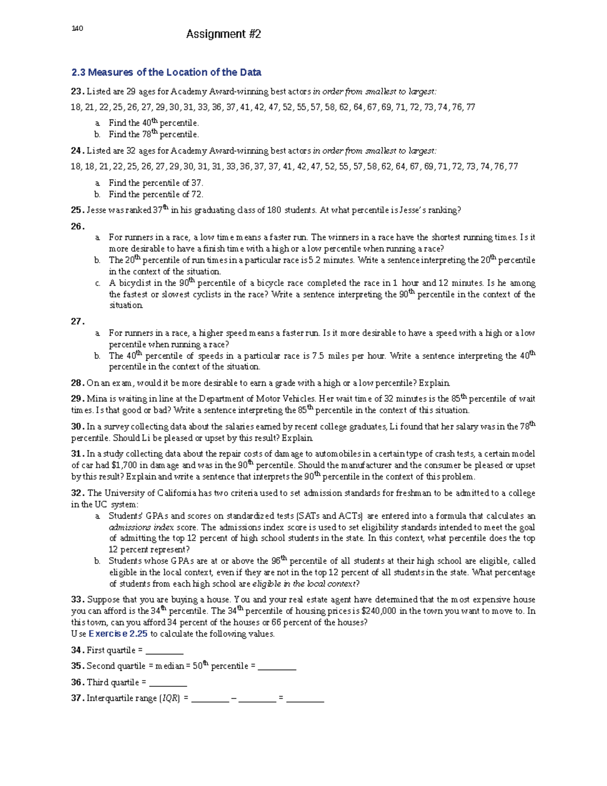 140 Assignment: Chapter 2 Descriptive Statistics & Percentiles - Studocu