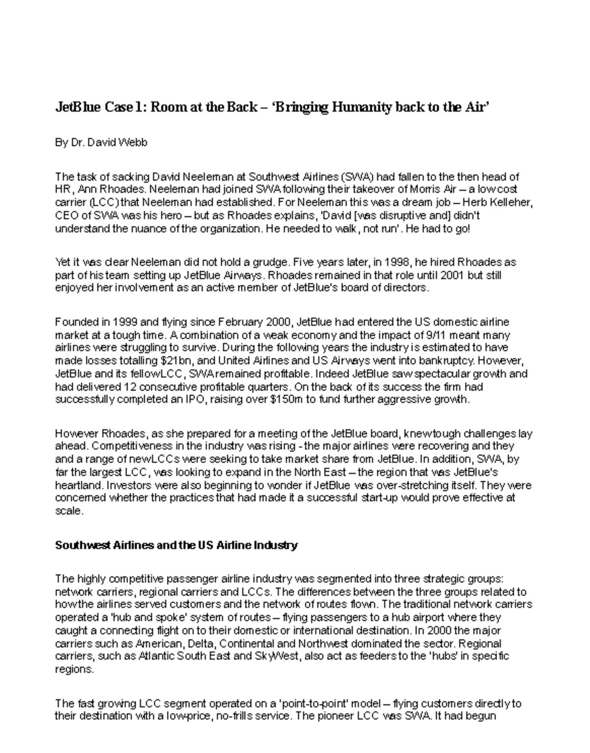 Unit 1 JetBlue Case Study Analysis - Insights & Strategic Choices - Studocu