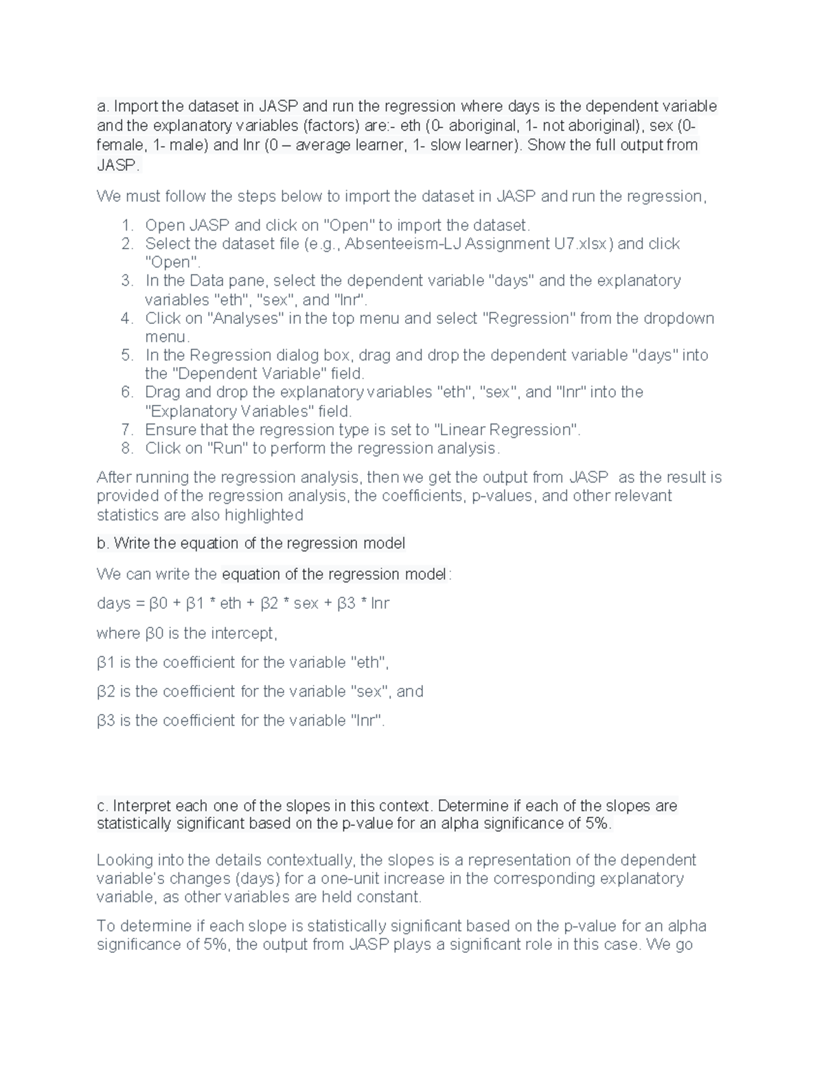 MATH 1281 Assignment 7 - Regression Analysis in JASP - Studocu