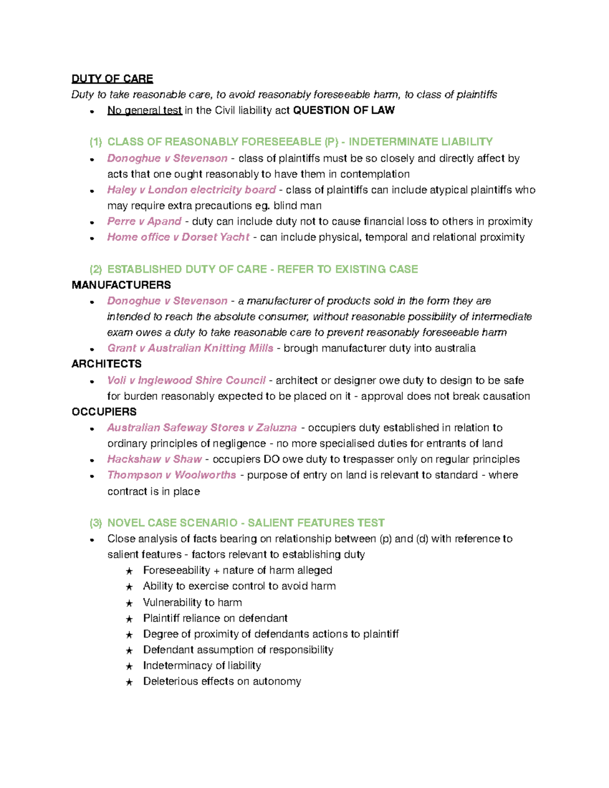 Torts 101: Final Exam Condensed Notes on Duty of Care and Liability ...