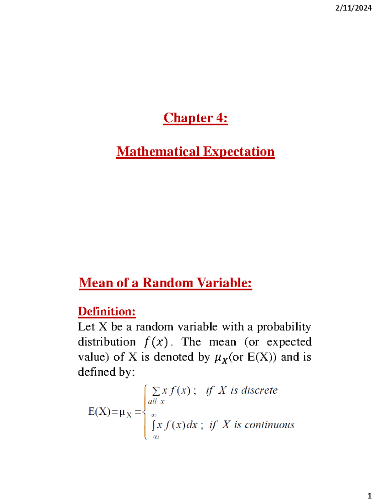 Lecture 5 - Chapter 4 : Mathematical Expectation Mean of a Random ...