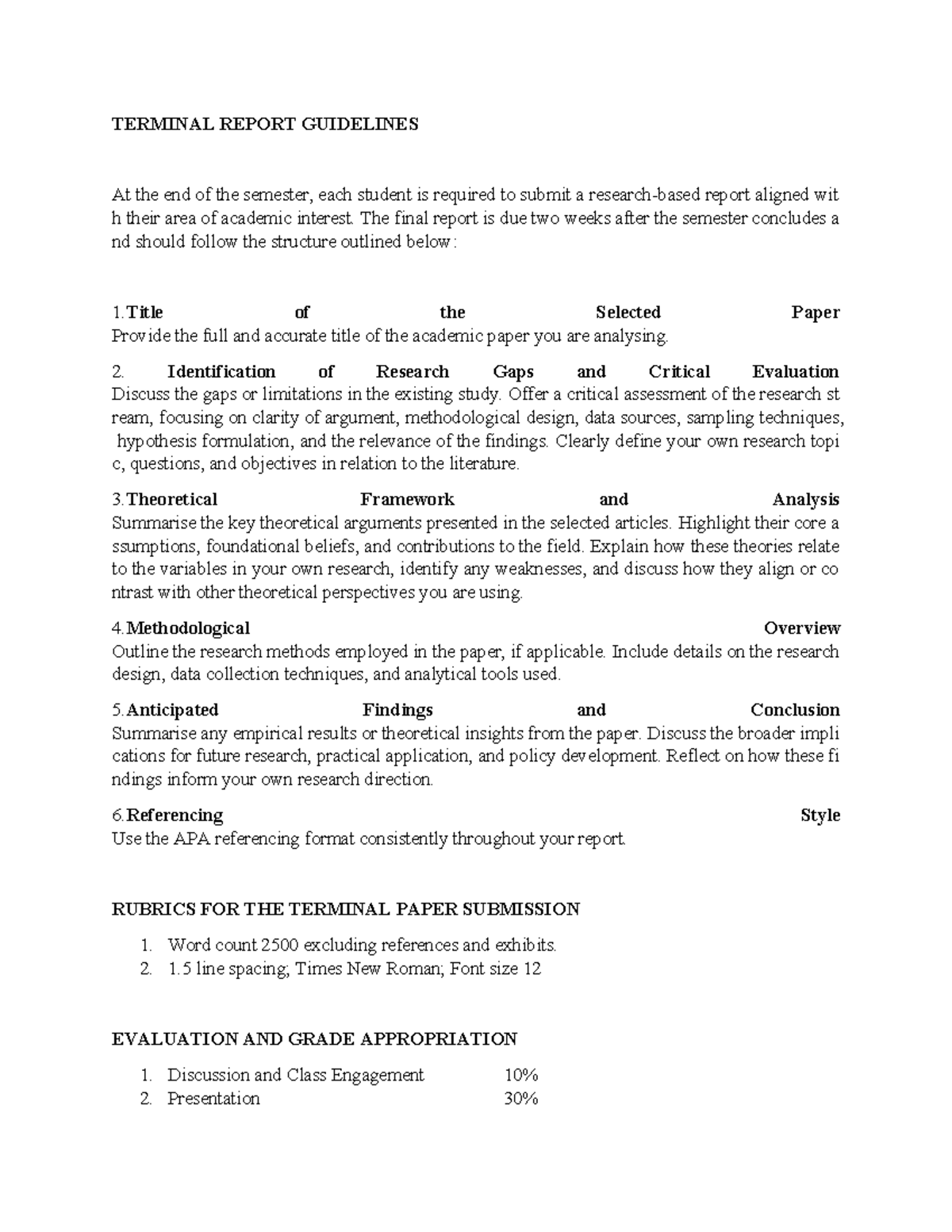 TERMINAL PAPER GUIDELINES: Structure & Evaluation Criteria - Studocu