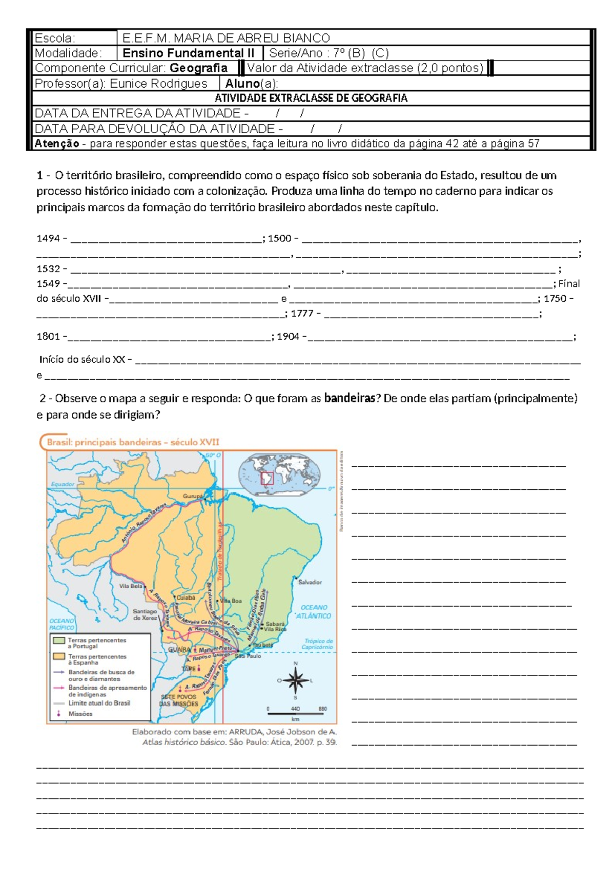 Atividade Extraclasse de Geografia - 7º Ano: Formação do Território ...