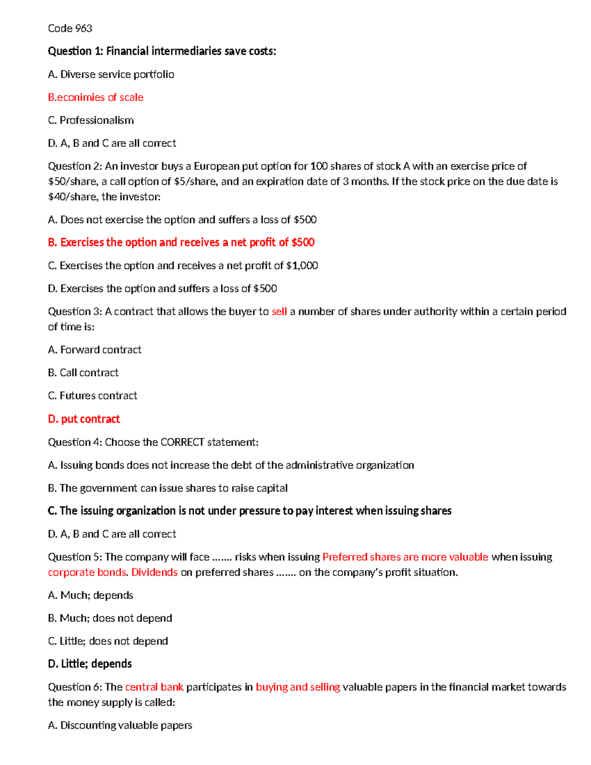 Code 963 Final Exam: Financial Intermediaries & Options Analysis - Studocu
