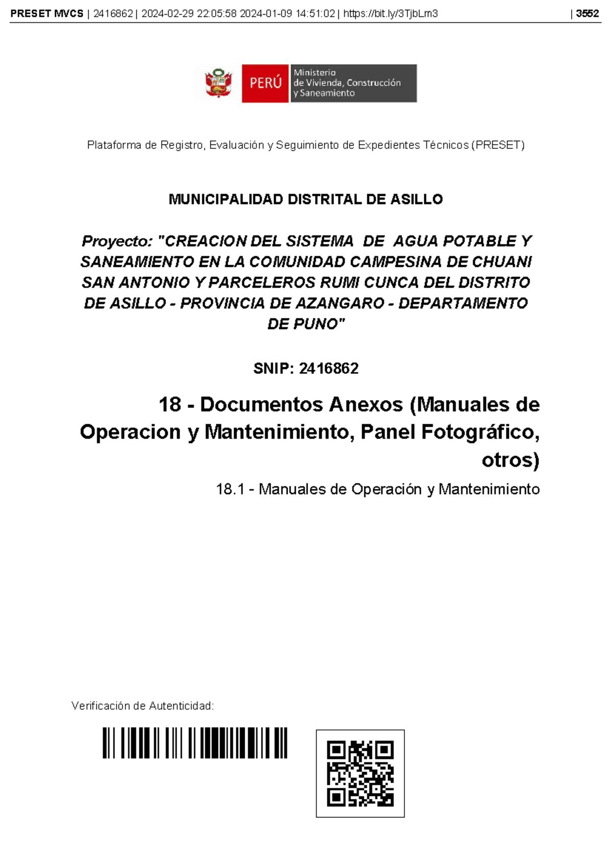 Manual de Operación y Mantenimiento del Sistema de Agua Potable - 18.1 Asillo - Document Preview