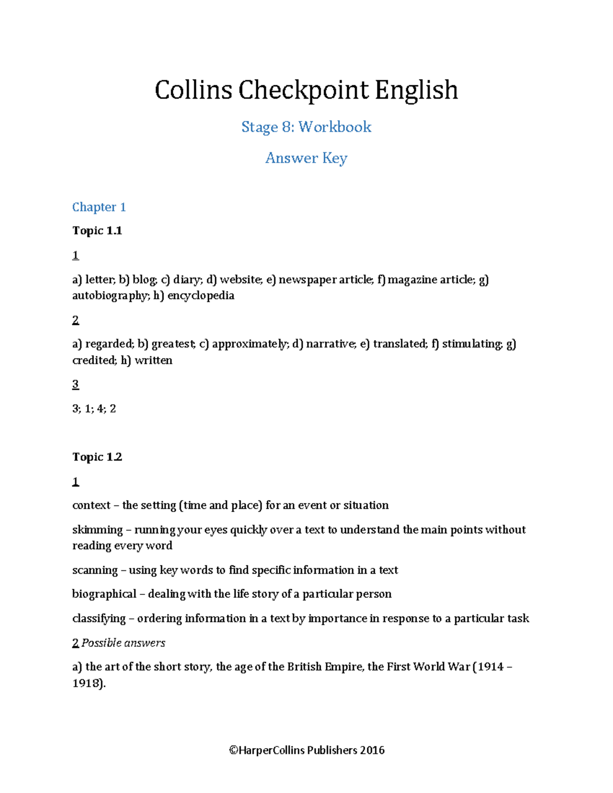 Collins Checkpoint Stage 8 Workbook Answer Key: Chapters and Topics ...