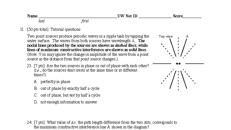 Physics 116A Autumn 2019 Final Exam Tutorial Questions on Wave ...