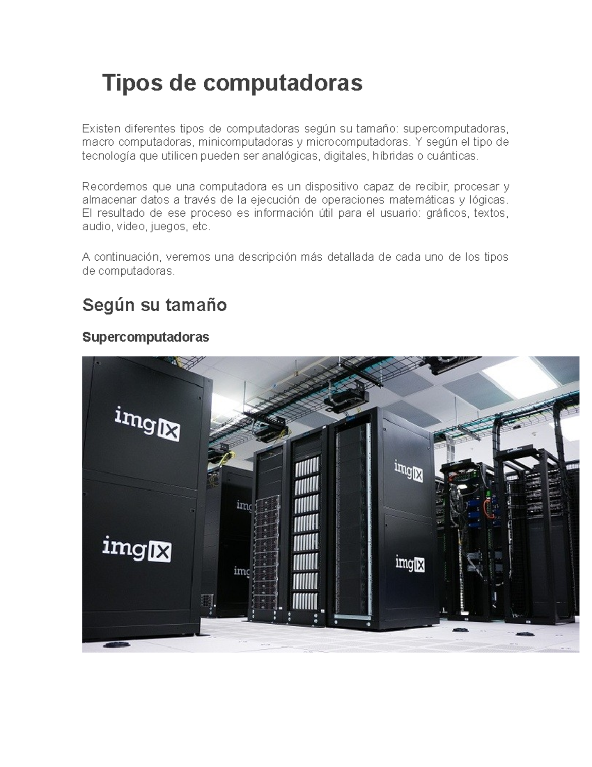 Tipos de Computadoras: Informe de Clasificación y Funciones - Studocu