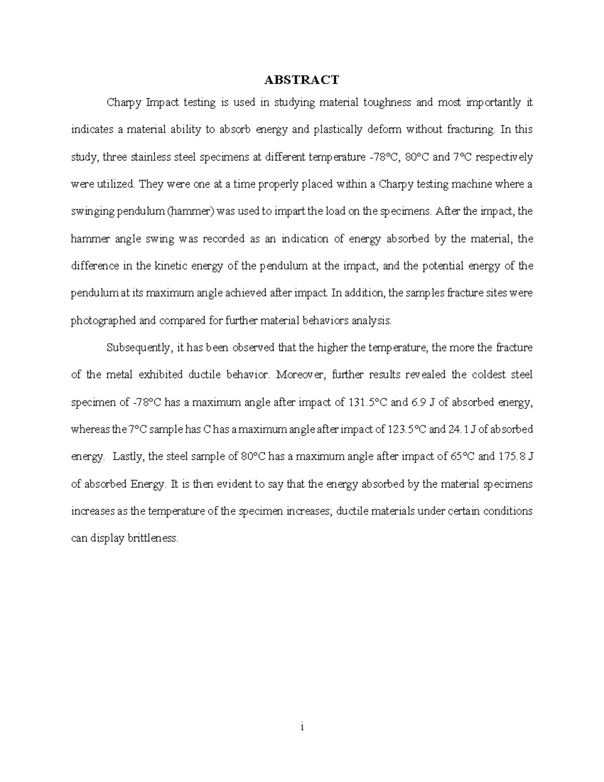 Charpy Impact Test Lab Report: Energy Absorption in Stainless Steel at ...