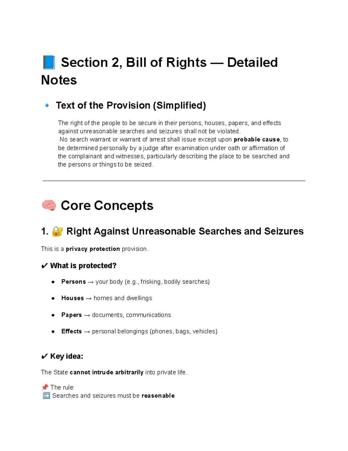 Section 2, Bill of Rights: Detailed Notes on Searches & Seizures - Studocu