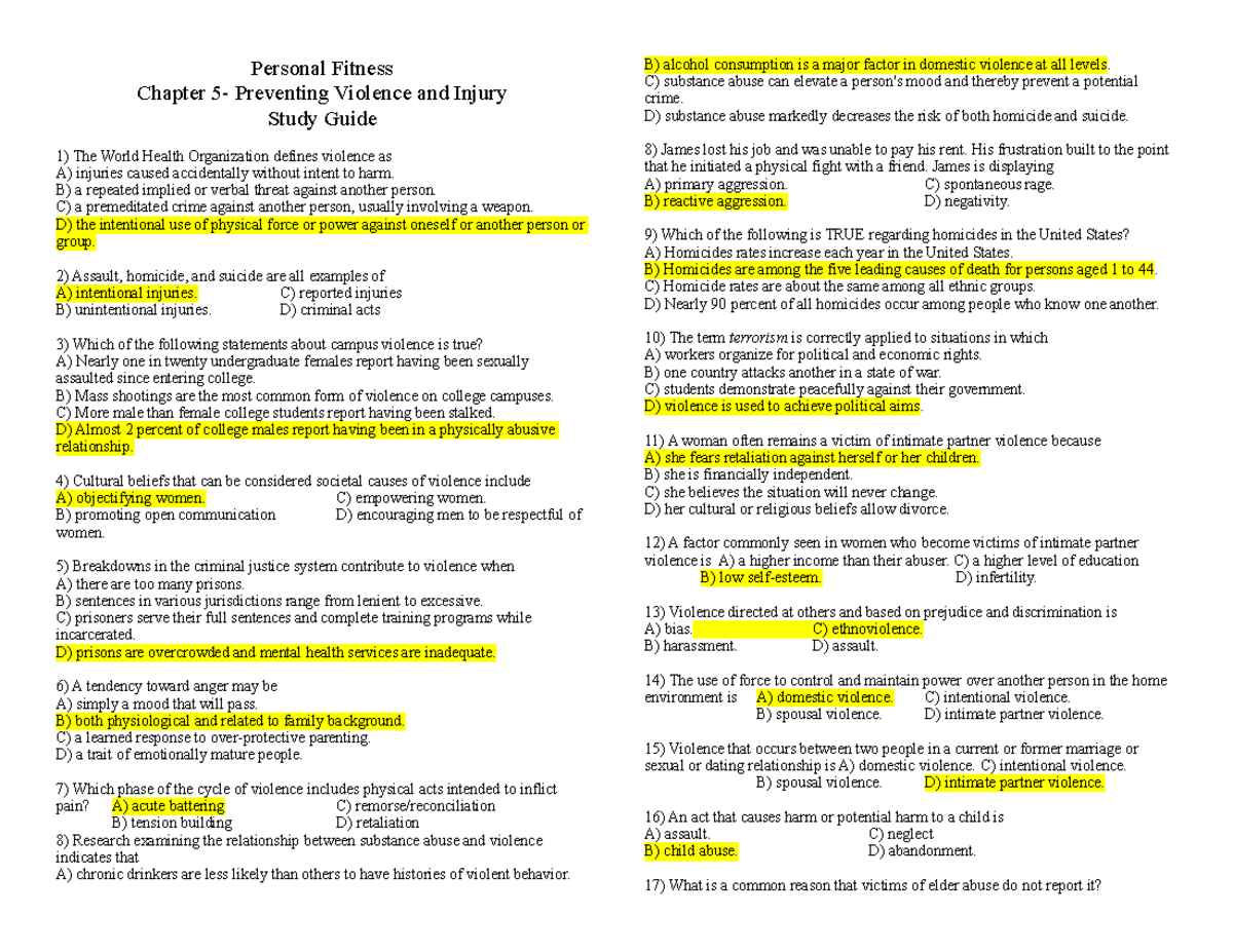 Personal Fitness Chapter 5 Study Guide: Preventing Violence & Injury ...