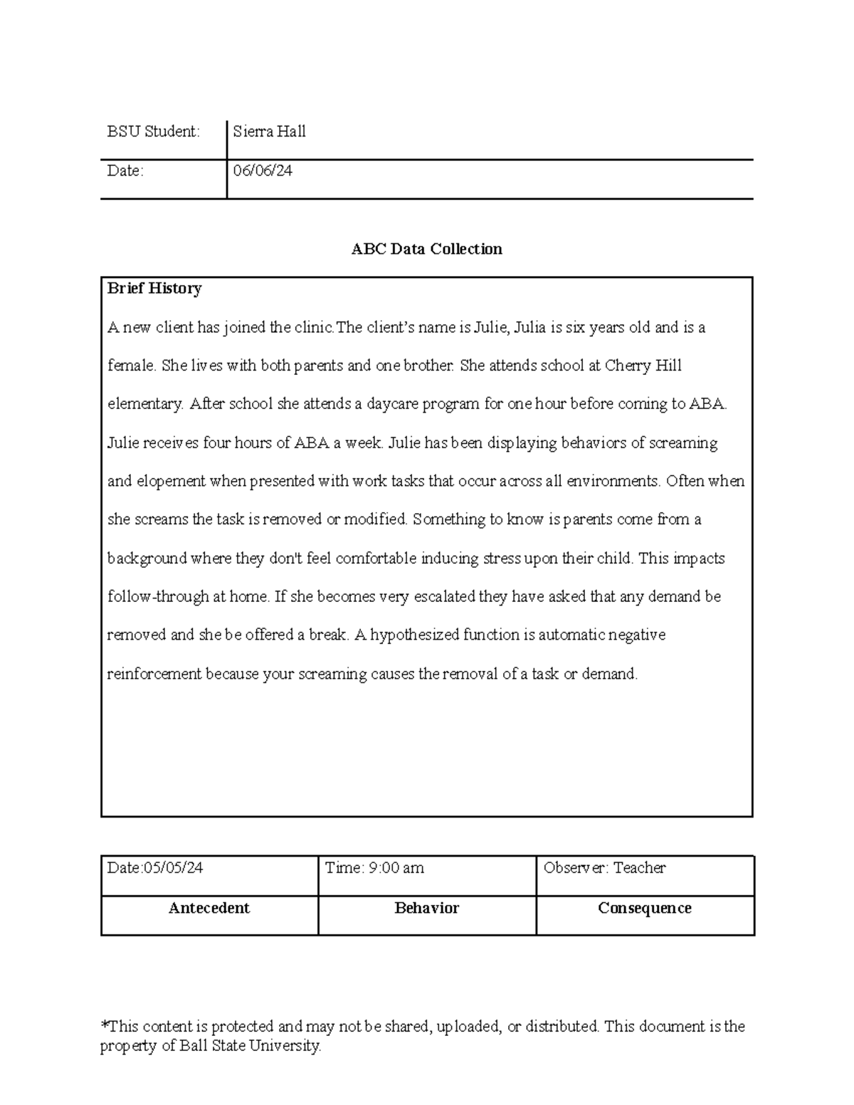 SPCE 610 ABC Data Collection Case Study on Julie's Behavior Analysis ...