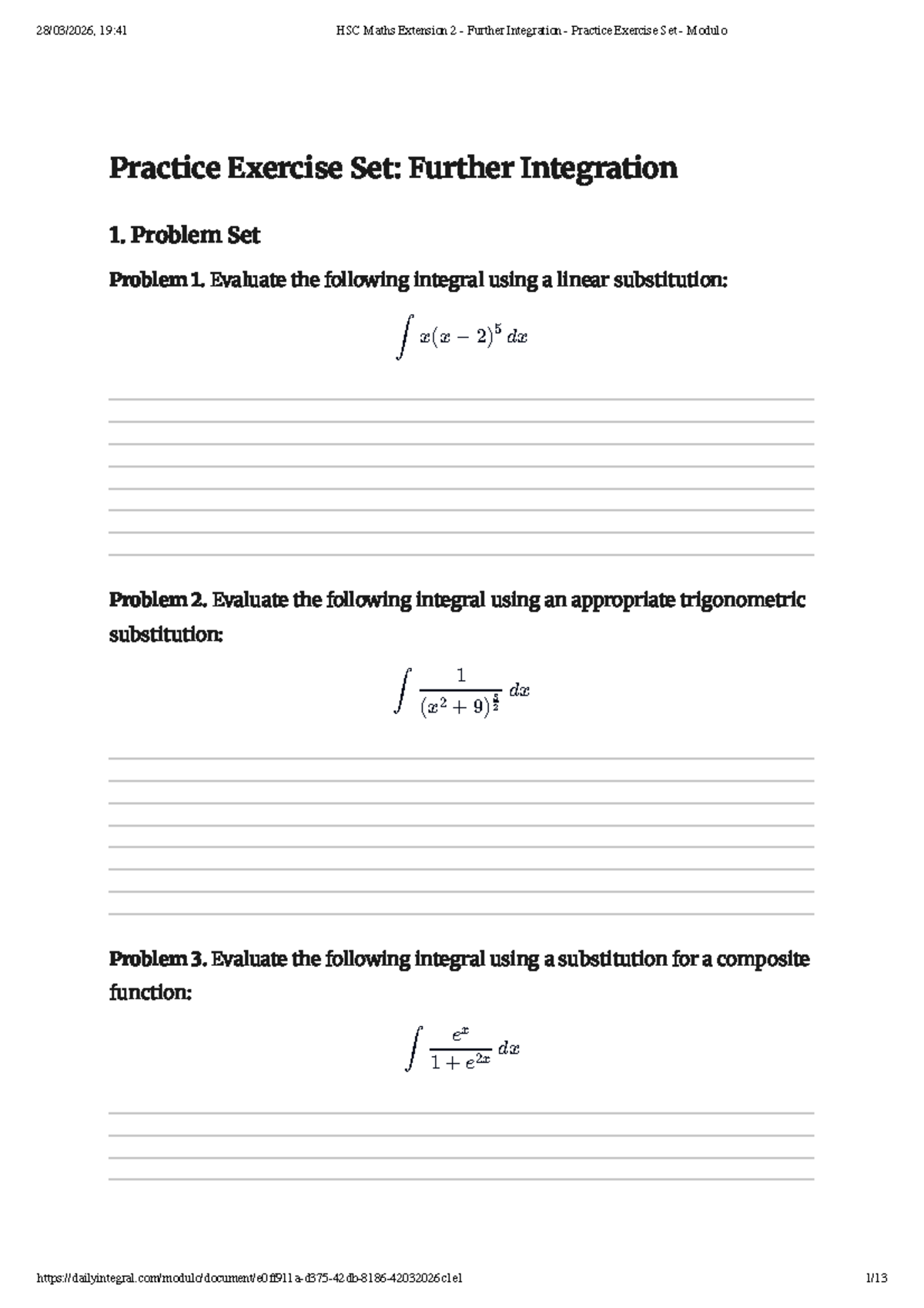 HSC Maths Extension 2 - Further Integration Practice Exercise Set - Studocu