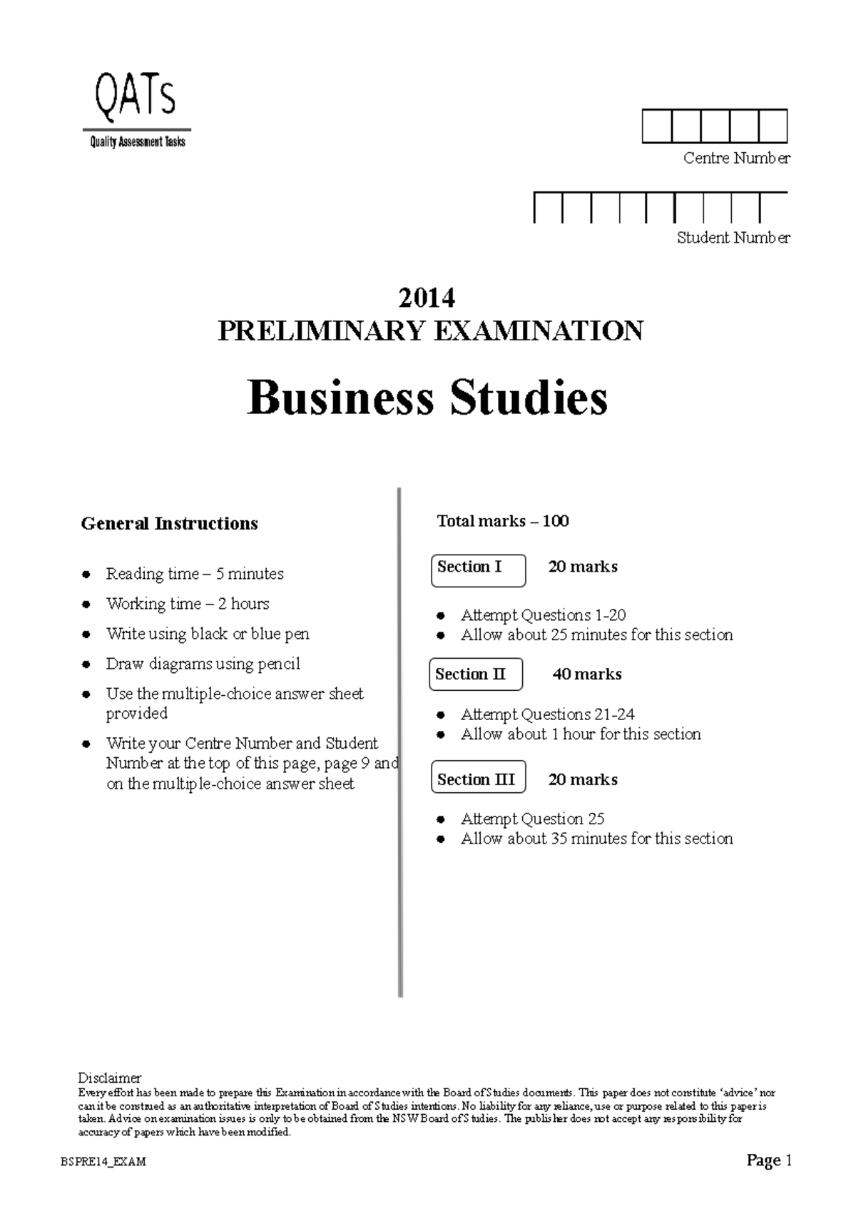 2014 HSC Preliminary Exam Business Studies (BSPRE14_EXAM) - Studocu