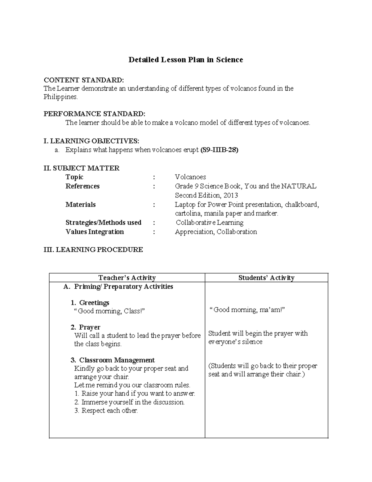 Detailed Lesson Plan: Understanding Types of Volcanoes (Sci JHS) - Studocu