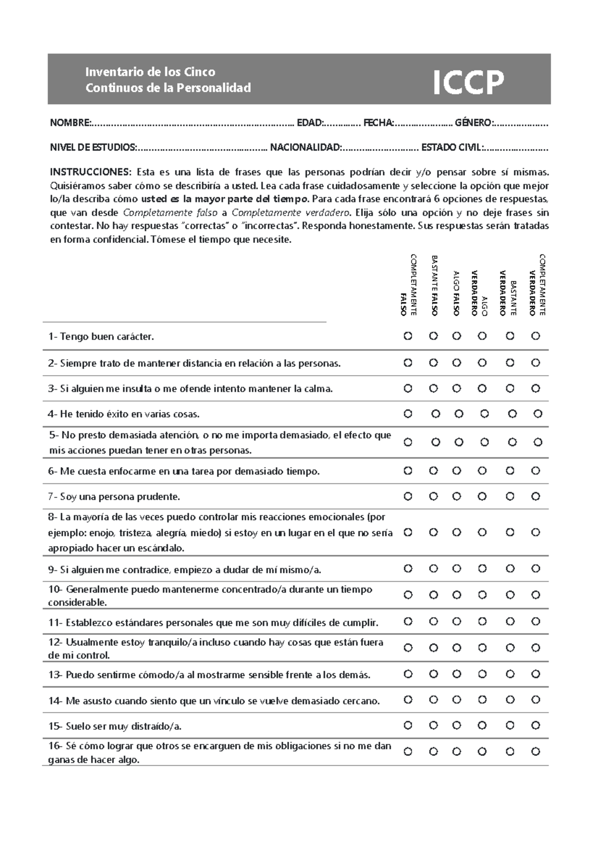 Protocolo ICCP: Inventario de los Cinco Continuos de la Personalidad - Document Preview