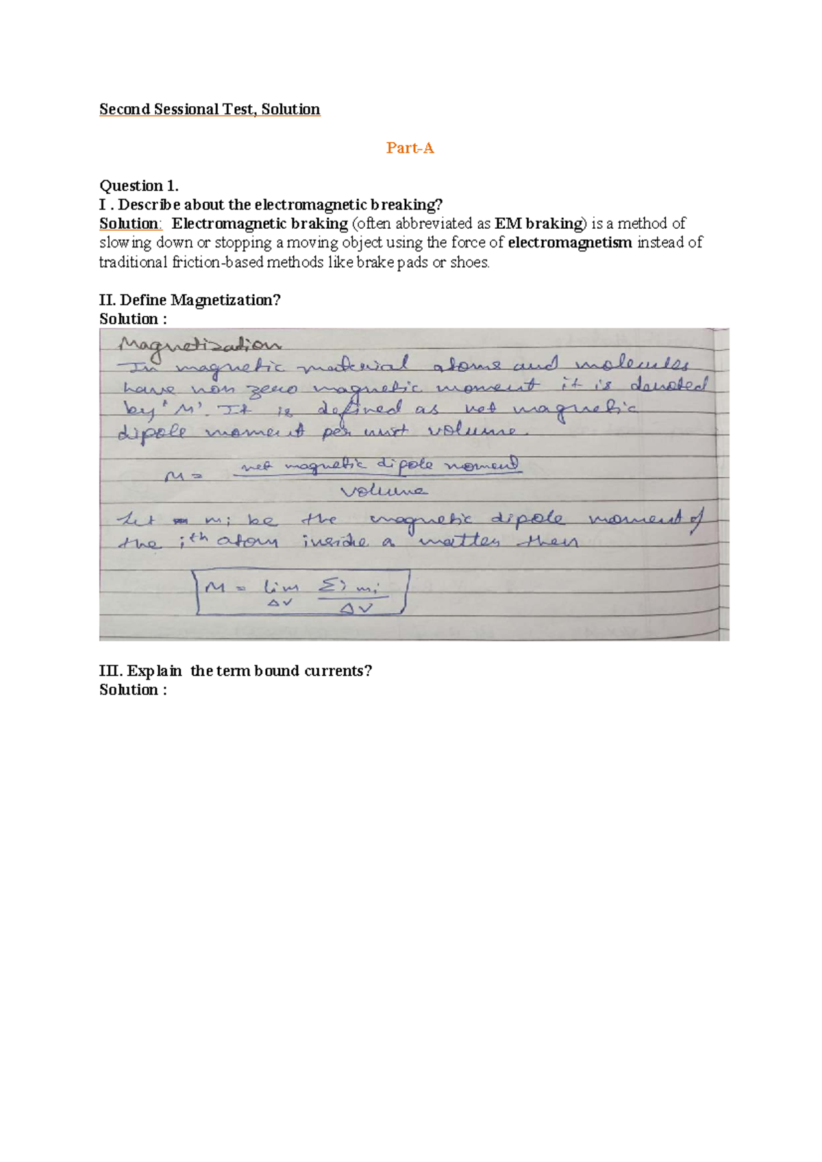 Second Sessional Test (EM-101): Solutions to Key Questions on ...
