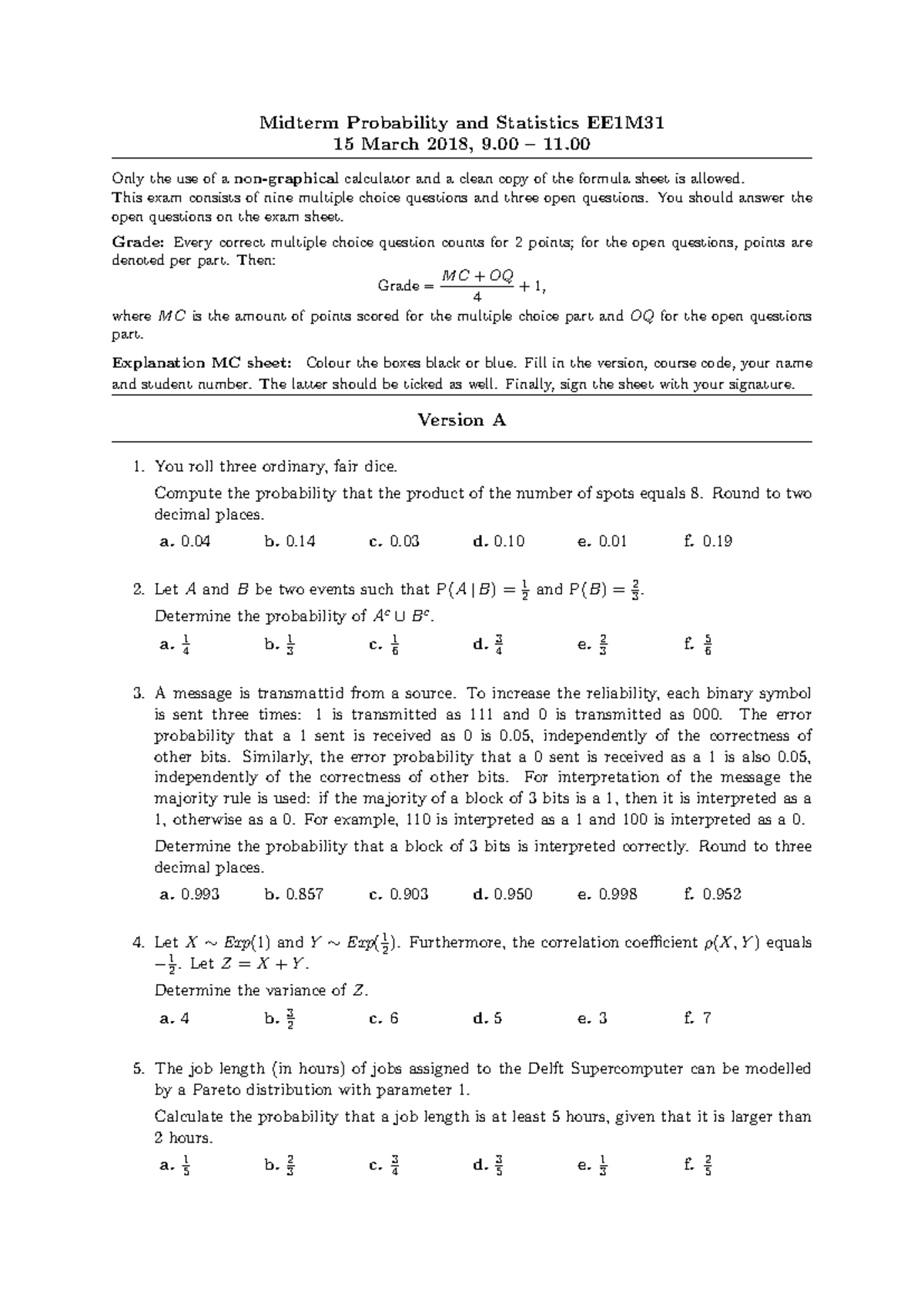Midterm Exam Questions and Solutions for Probability EE1M31 - 15 March ...