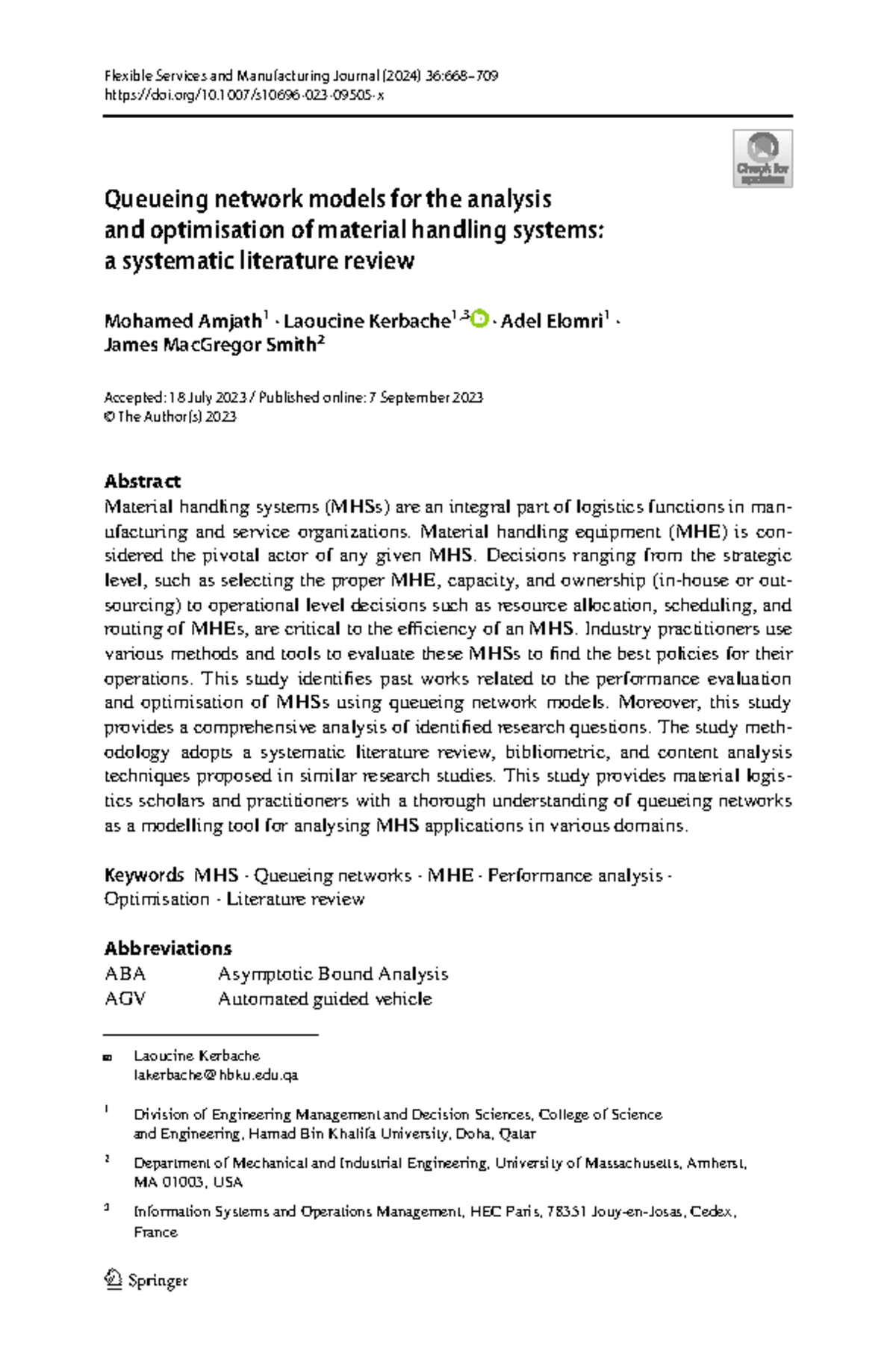 Queueing Network Models for Material Handling Systems: A Systematic ...