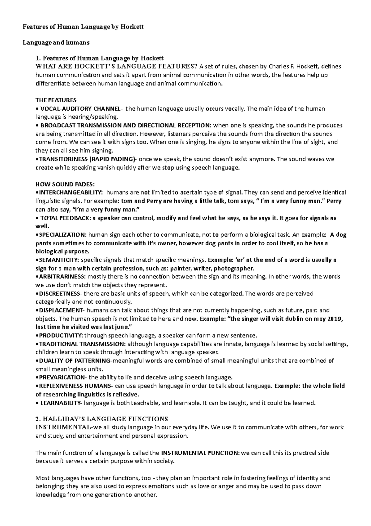 Features of Human Language by Hockett- grade 11 lesson - lesson for ...