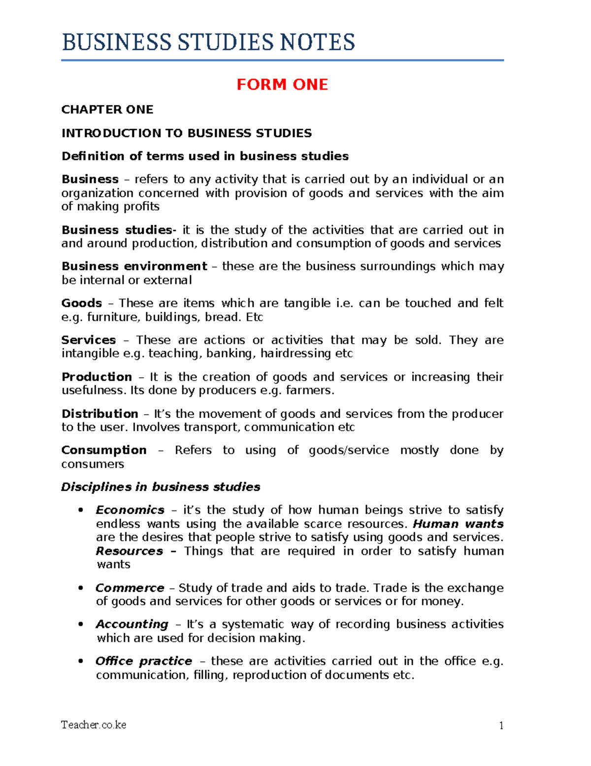 Business Studies Notes F1: Chapter 1 - Introduction to Business ...