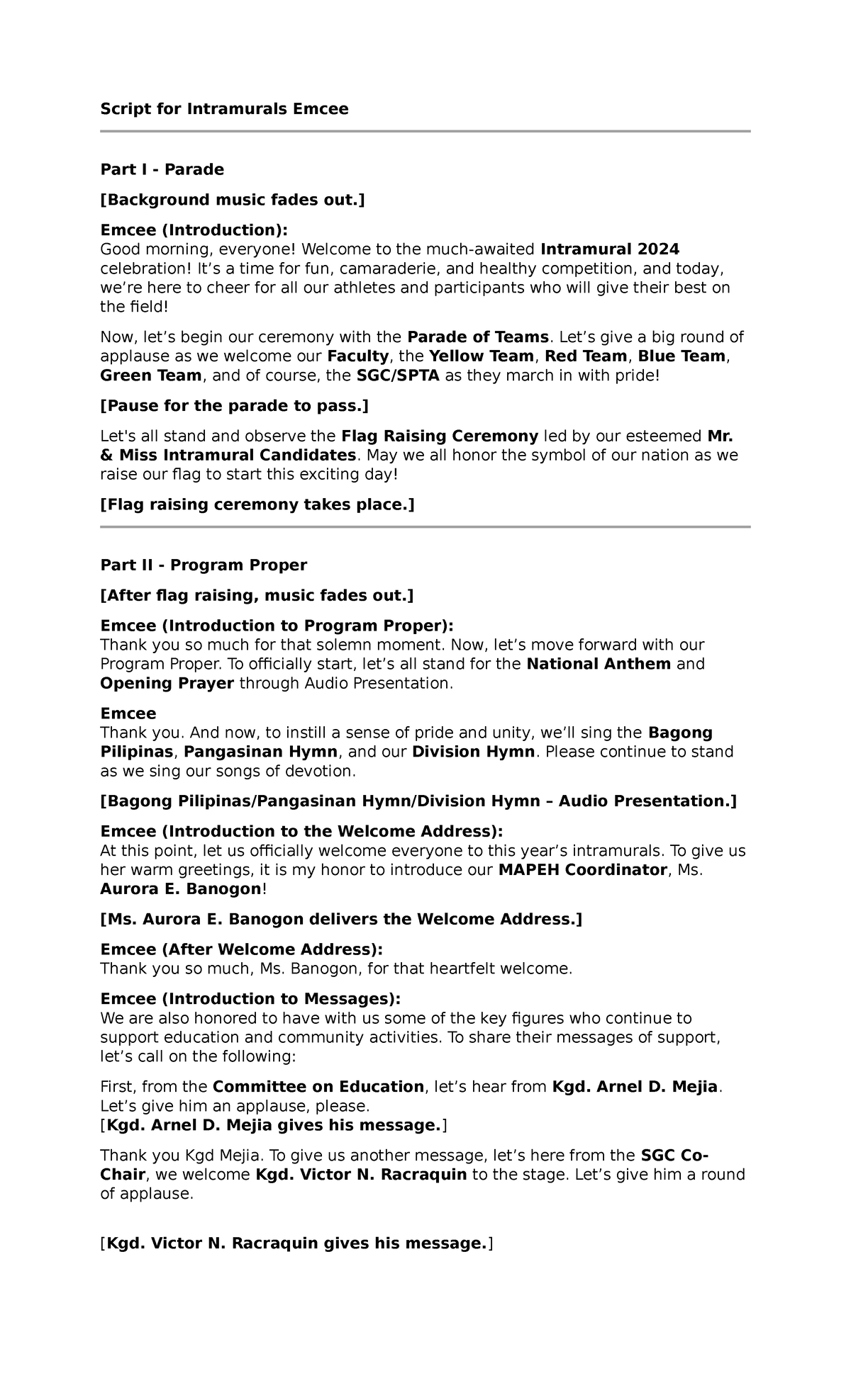 Intramurals 2024 Opening Ceremony Script: Emcee's Guide - Studocu