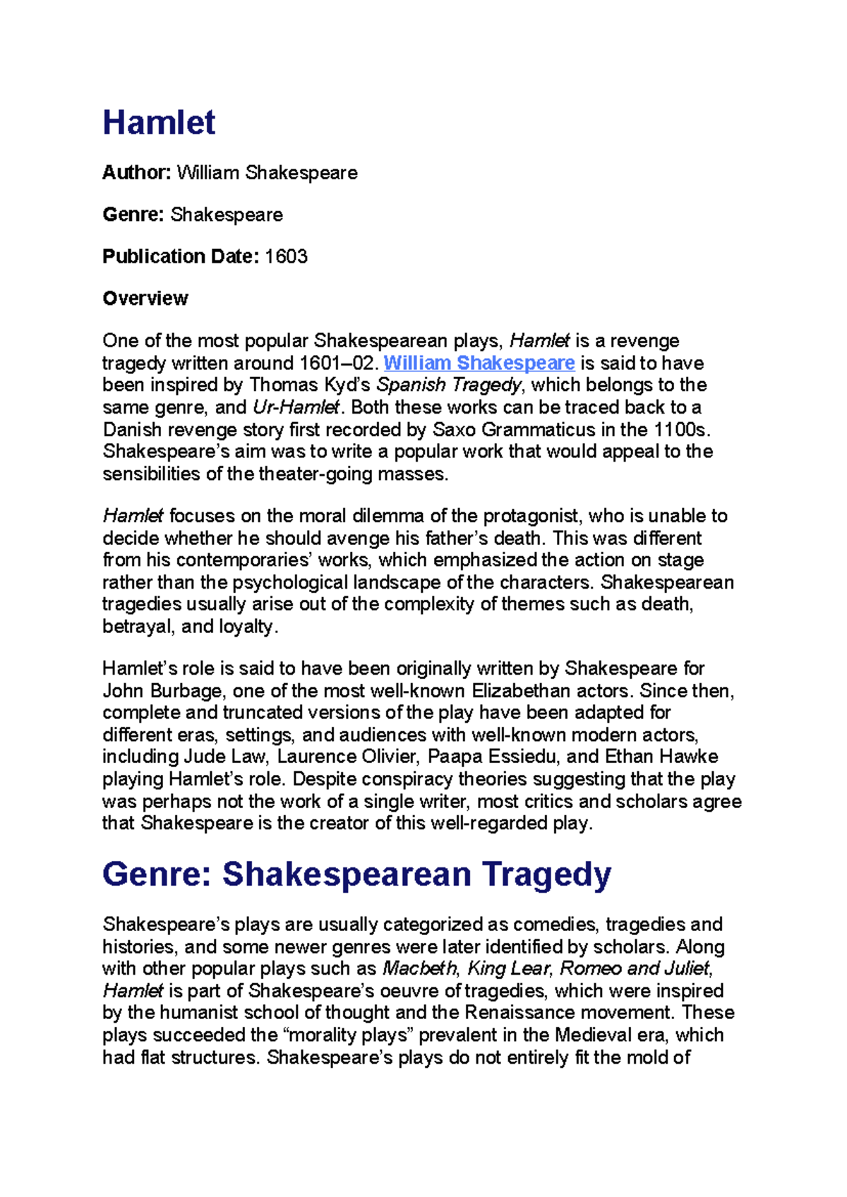 Hamlet (ENG 101) Study Notes: Analysis, Themes, and Characters - Studocu
