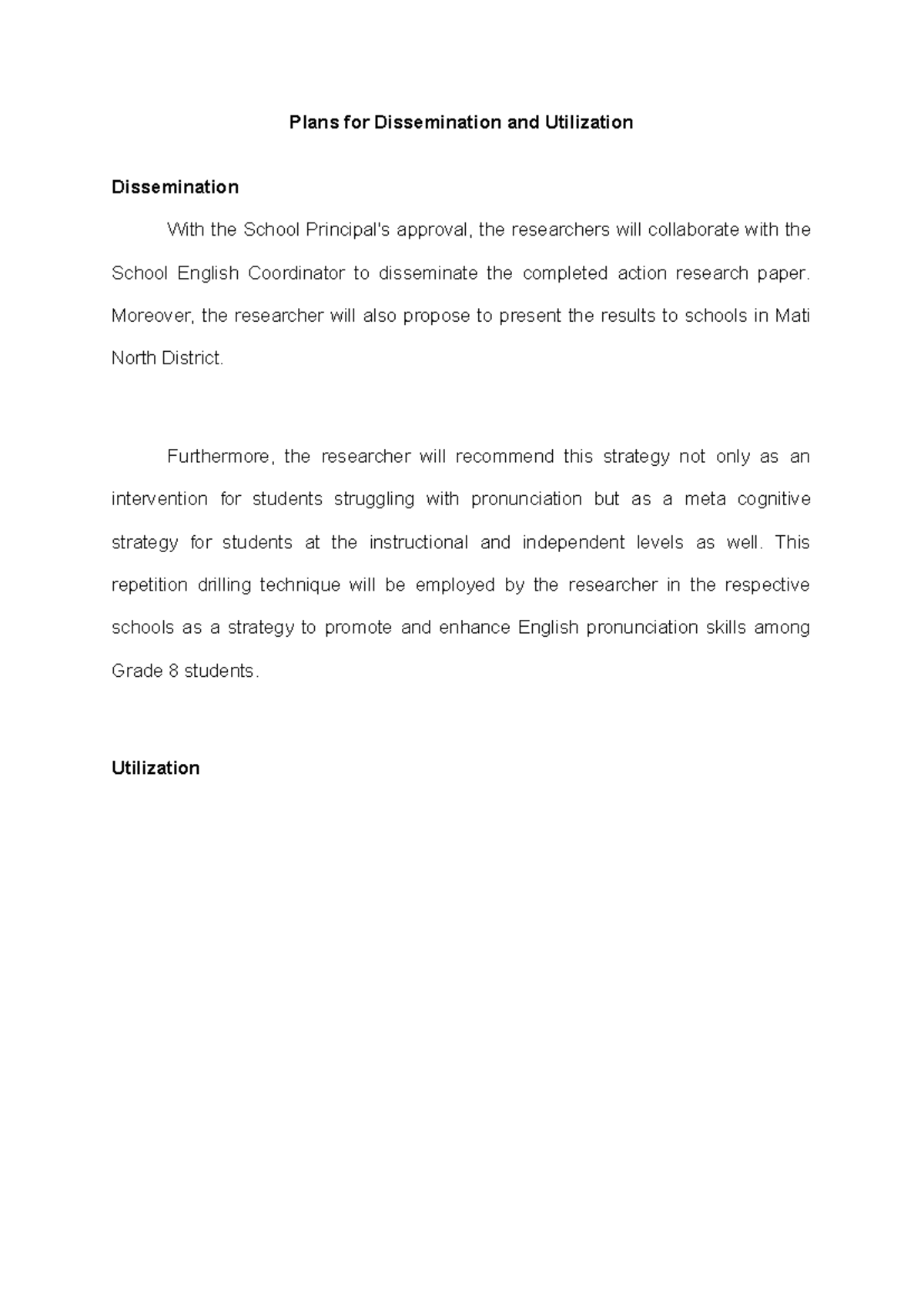 Plans for Dissemination & Utilization of Action Research Findings - Studocu