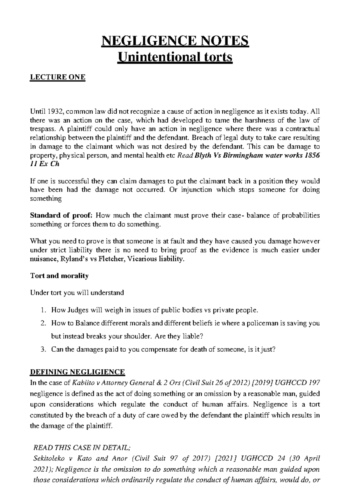 2023 Negligence Notes (Stream C) - Lecture Overview and Key Cases - Studocu