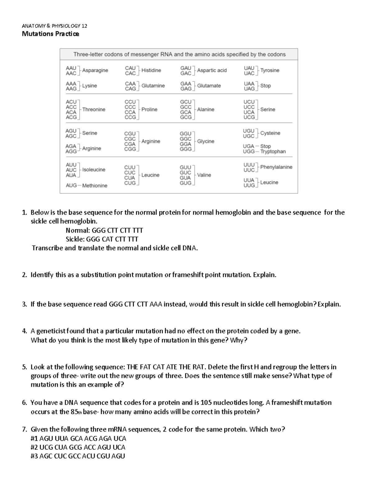 ANATOMY PHYSIOLOGY 12 Mutations Practice Handout - Studocu