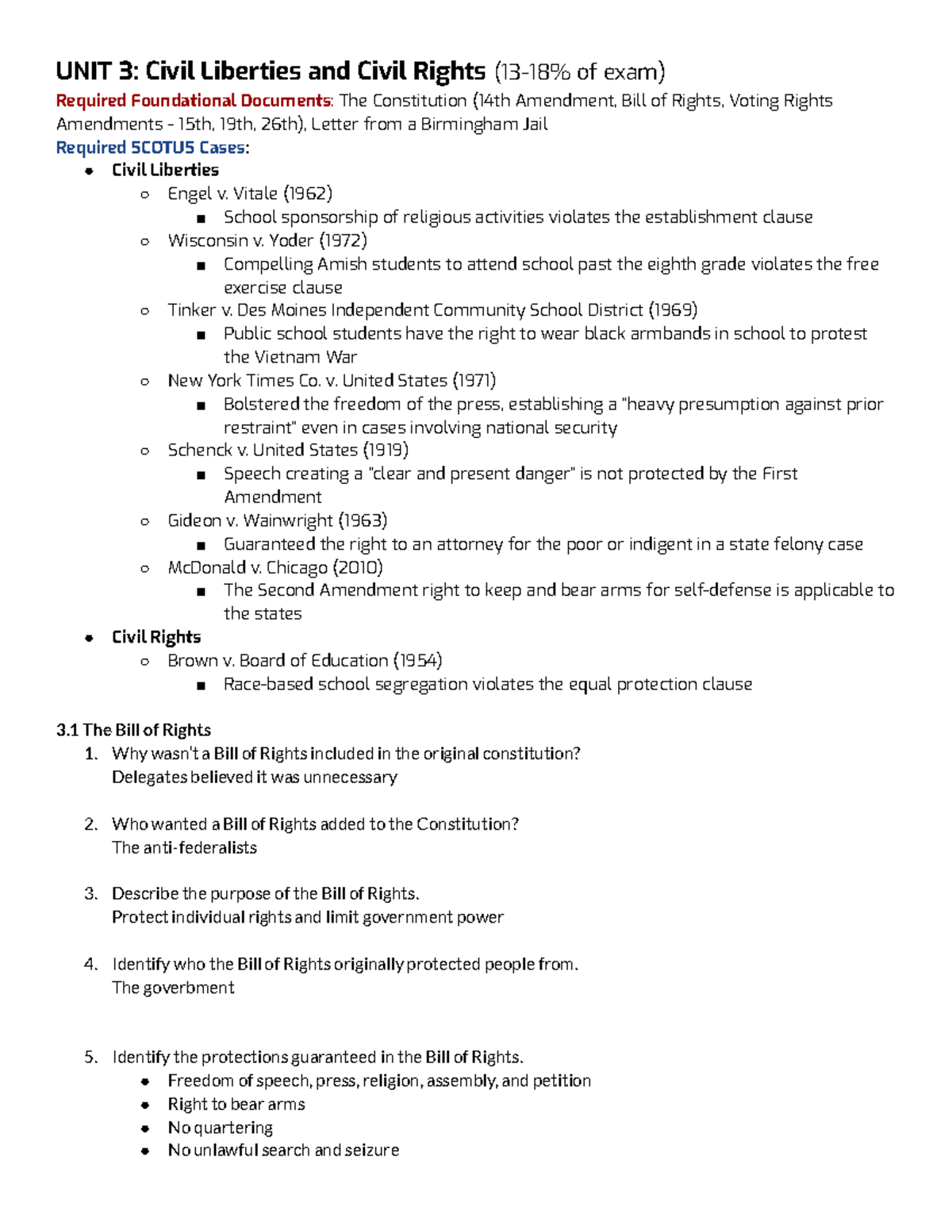 Unit 3: Civil Liberties and Civil Rights Overview - Studocu