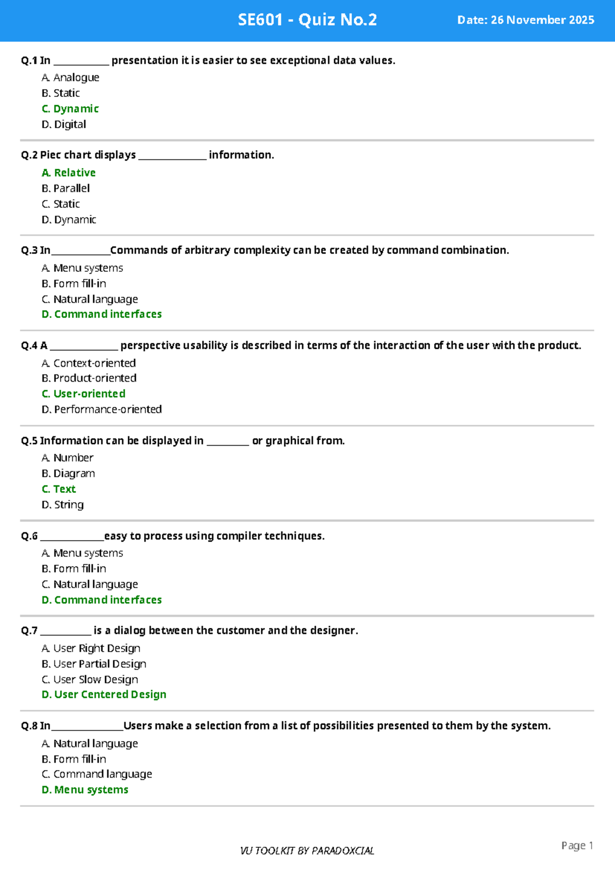 SE601 Quiz No.2 - Key Concepts and Questions - Studocu
