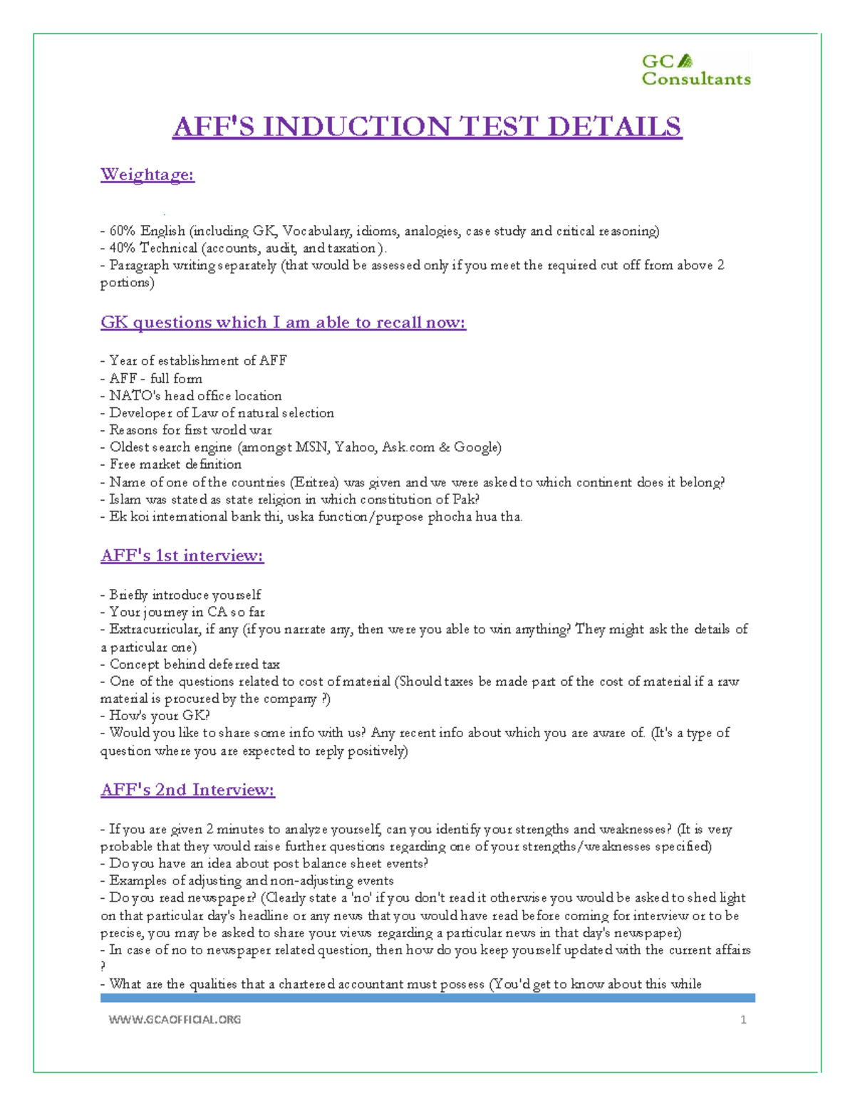 AFF (PwC) Induction Test & Interview Prep: English & Technical - Studocu