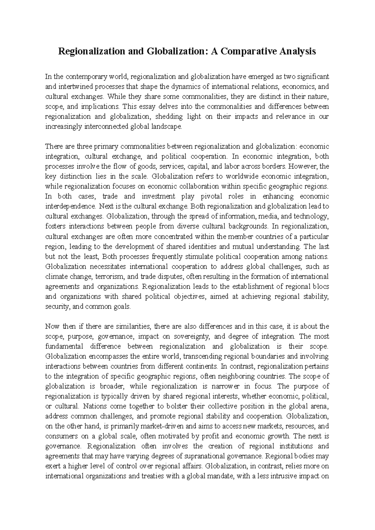 Regionalization vs Globalization: A Comparative Study Analysis - Studocu