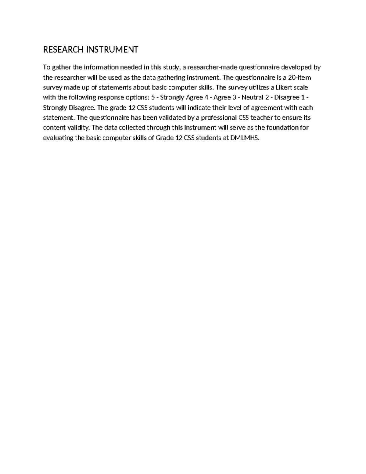 Grade 12 CSS Research Instrument for Computer Skills Evaluation - Studocu