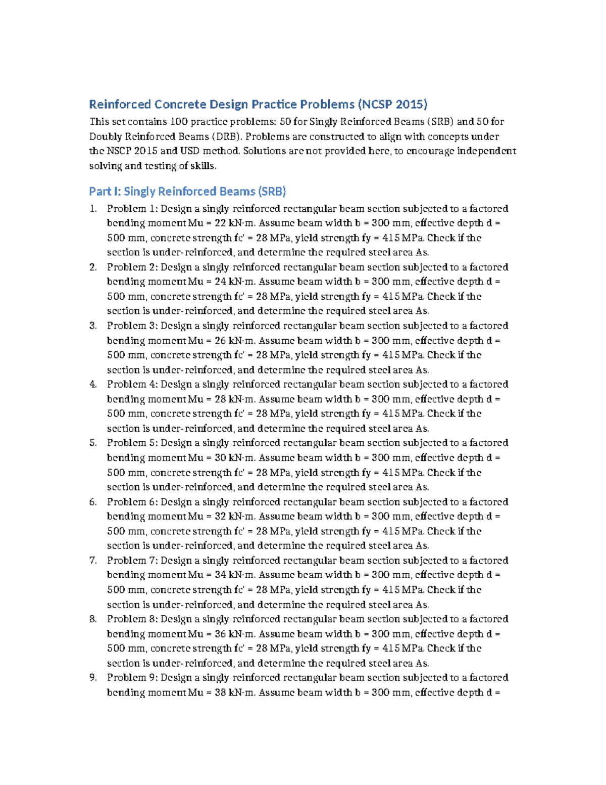 RCD 100 Practice Problems: SRB & DRB Design (NCSP 2015) - Studocu