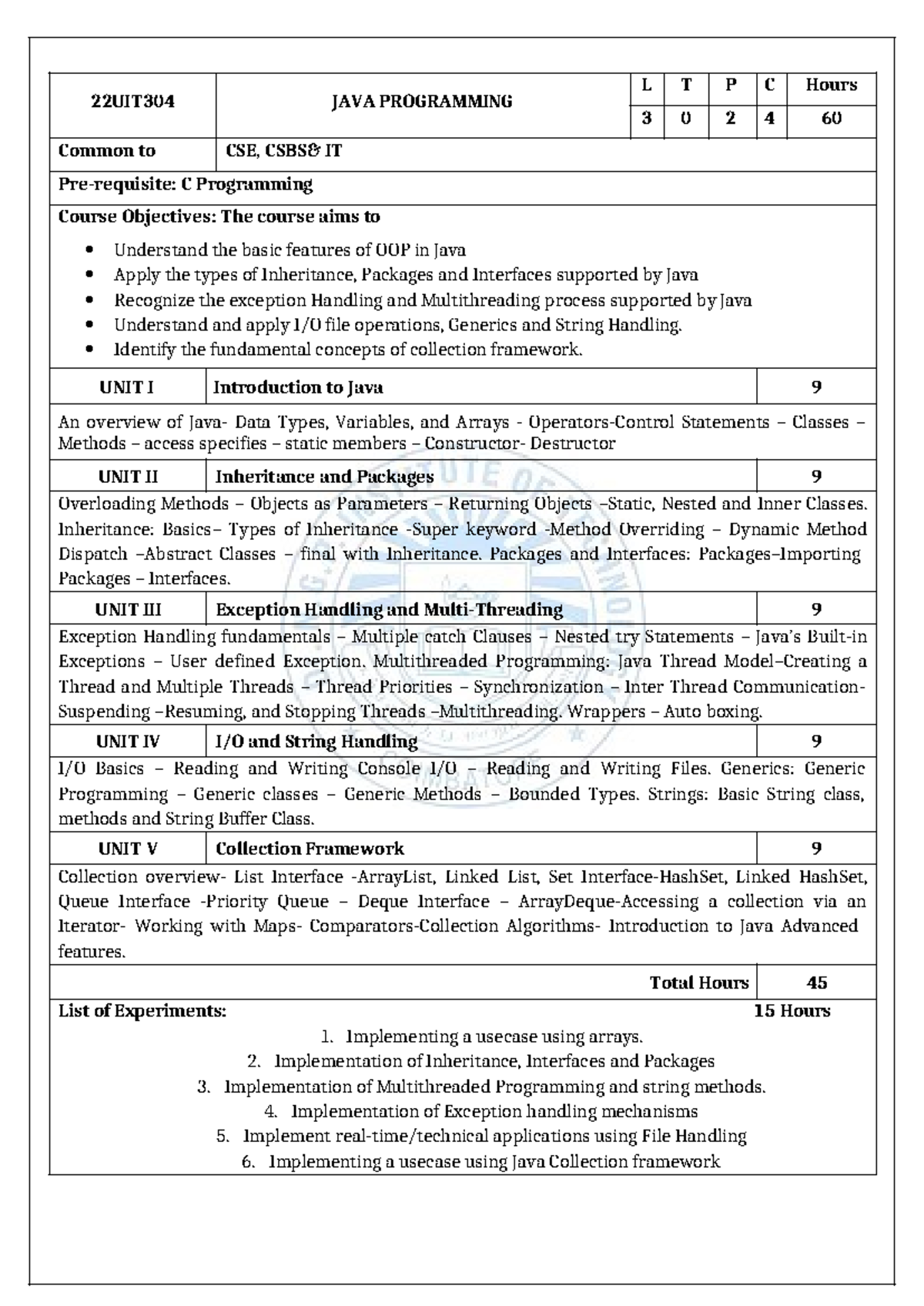 22UIT304 Java Programming Syllabus and Course Objectives - Studocu