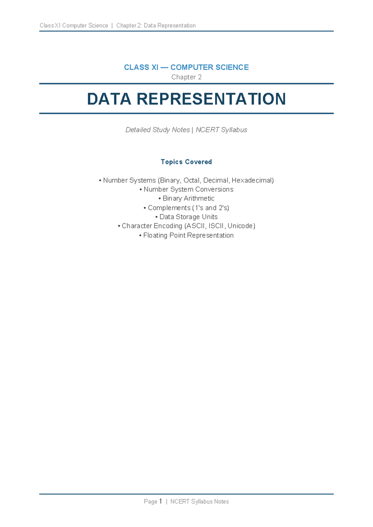 Class XI Computer Science Chapter 2: Data Representation Notes - Studocu