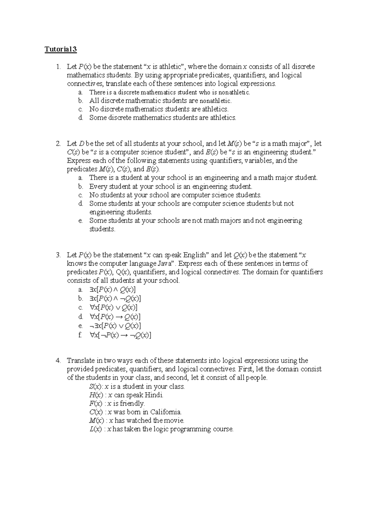 Tutorial 3: Predicates and Quantifiers Exercises - Studocu