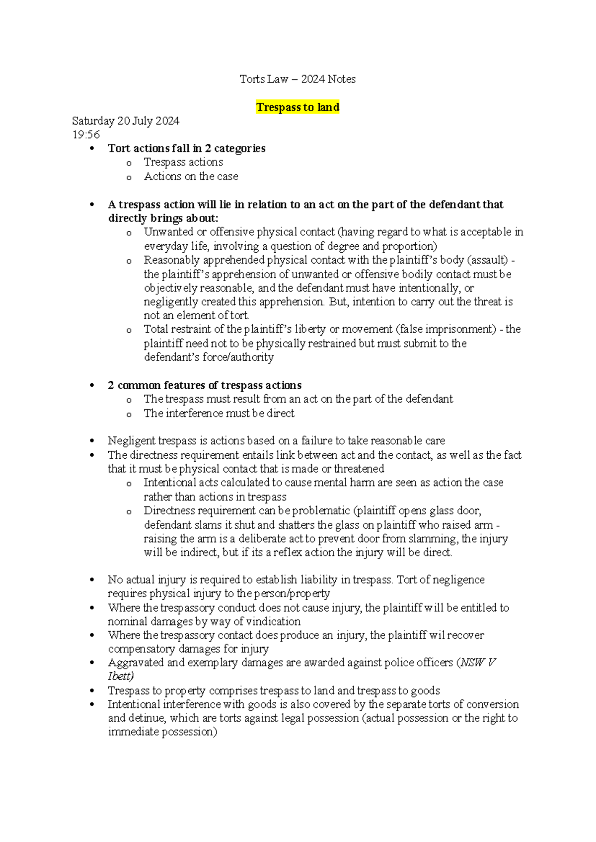 Torts Law 2024: Comprehensive Notes on Trespass to Land and Liability ...