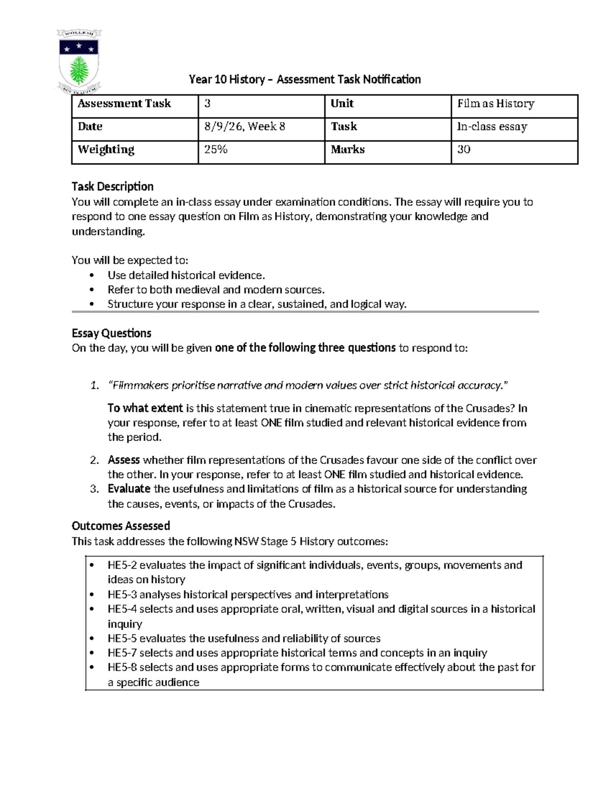Year 10 History Assessment Task 3: Film as History Essay Notification ...