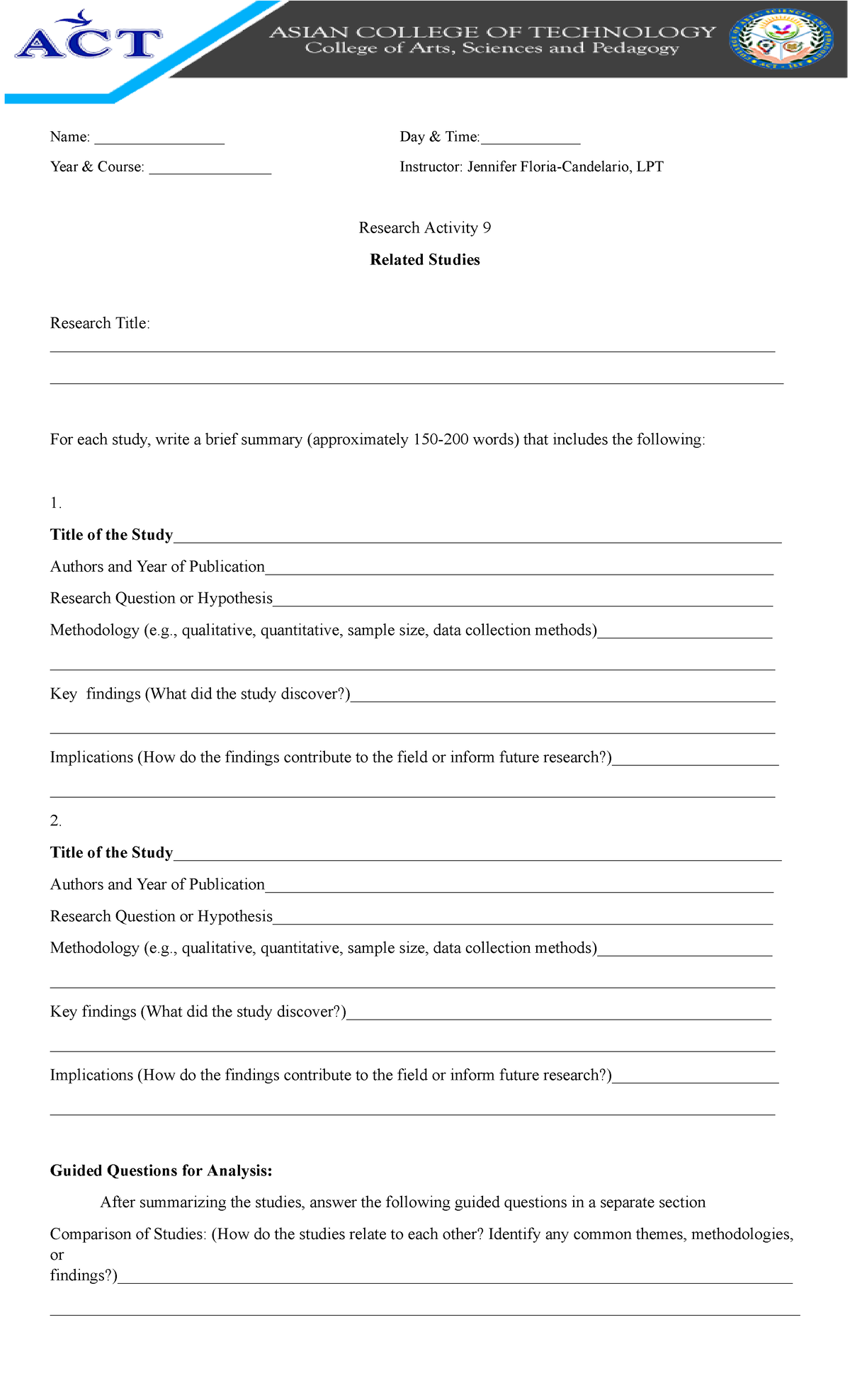 Activity 9 Related Studies - Name: _________________ Day & Time ...
