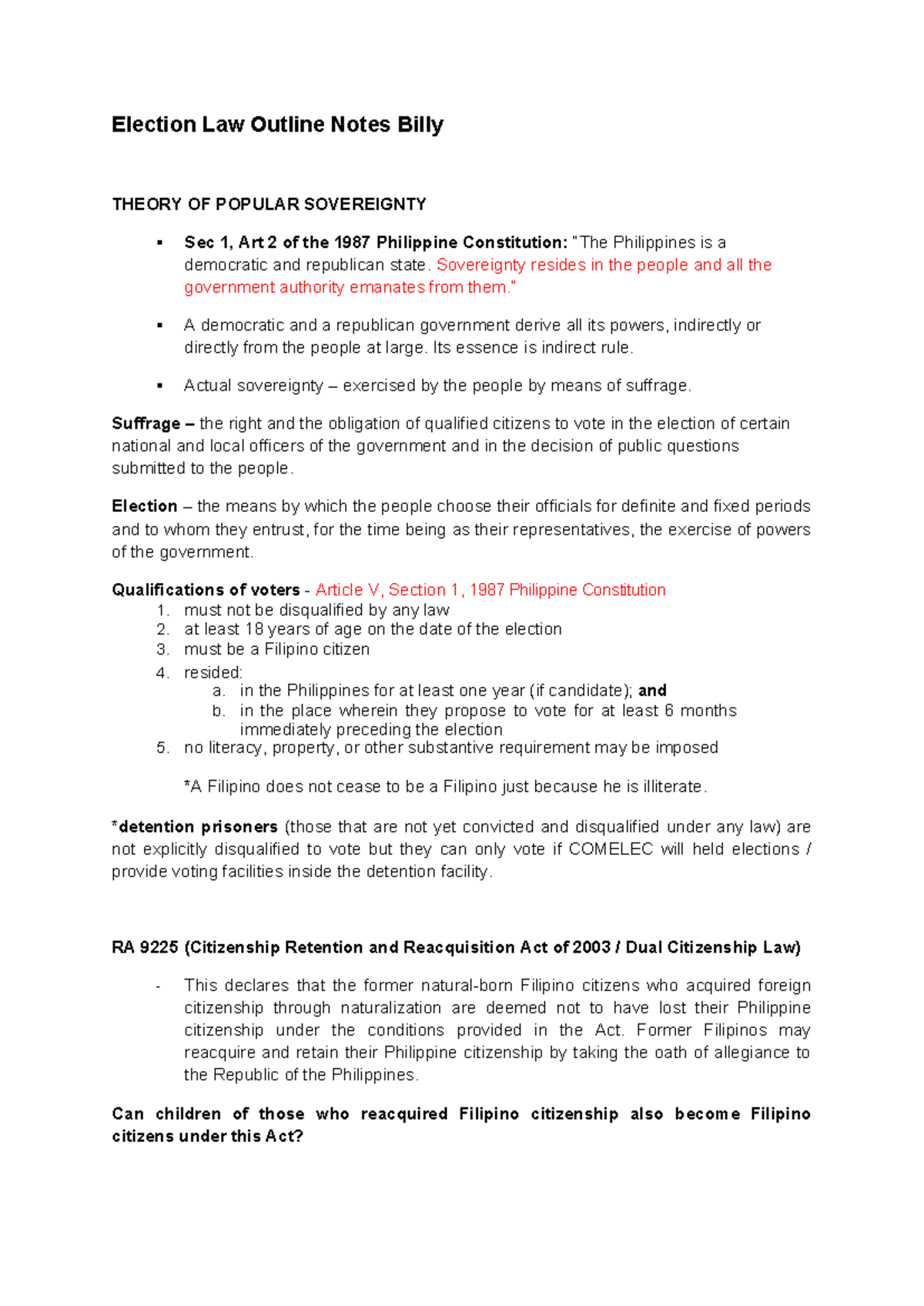 Election Law Outline Notes (2023) - Billy - Studocu