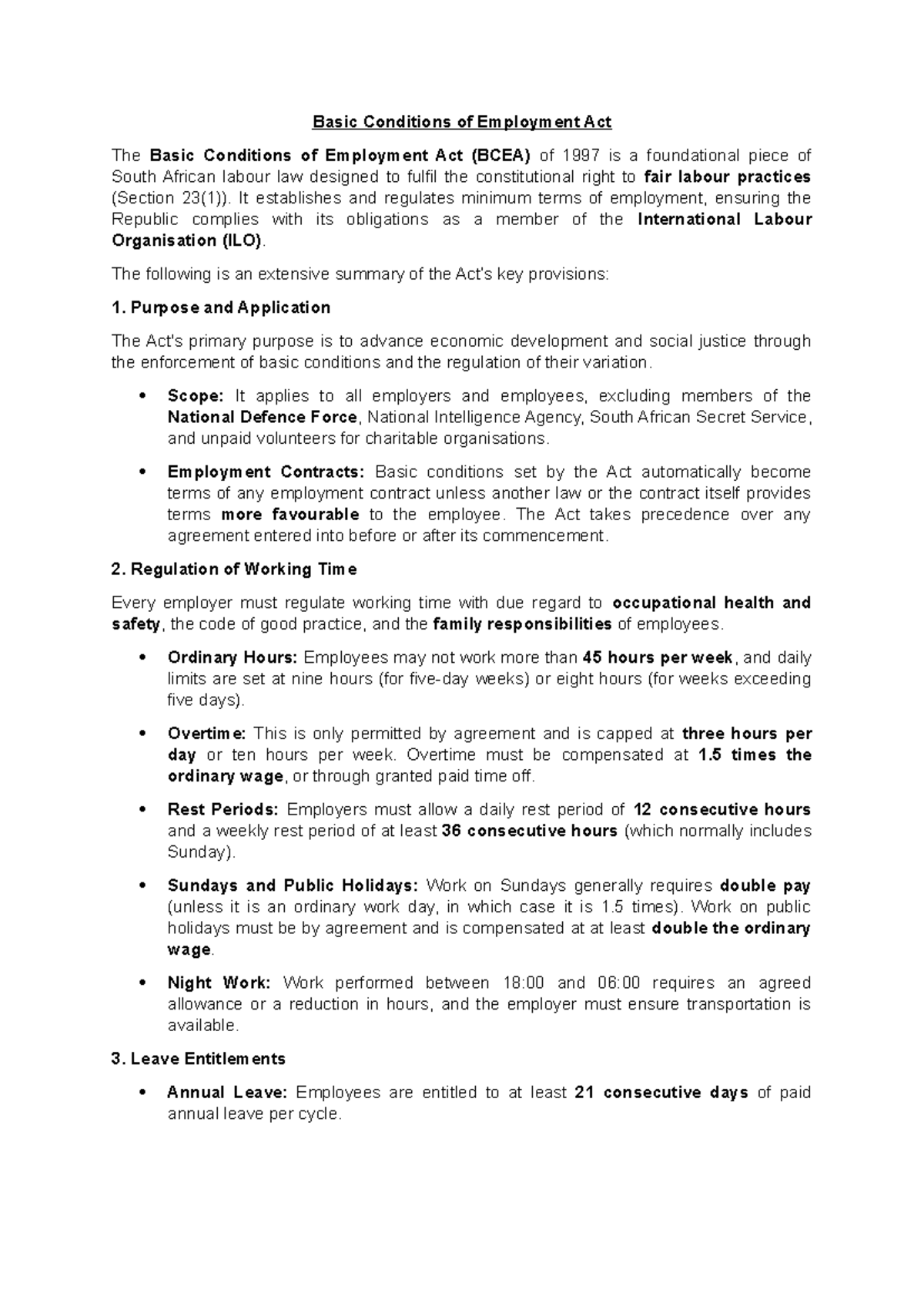 BCEA 1997: Summary of Basic Conditions of Employment Act - Studocu