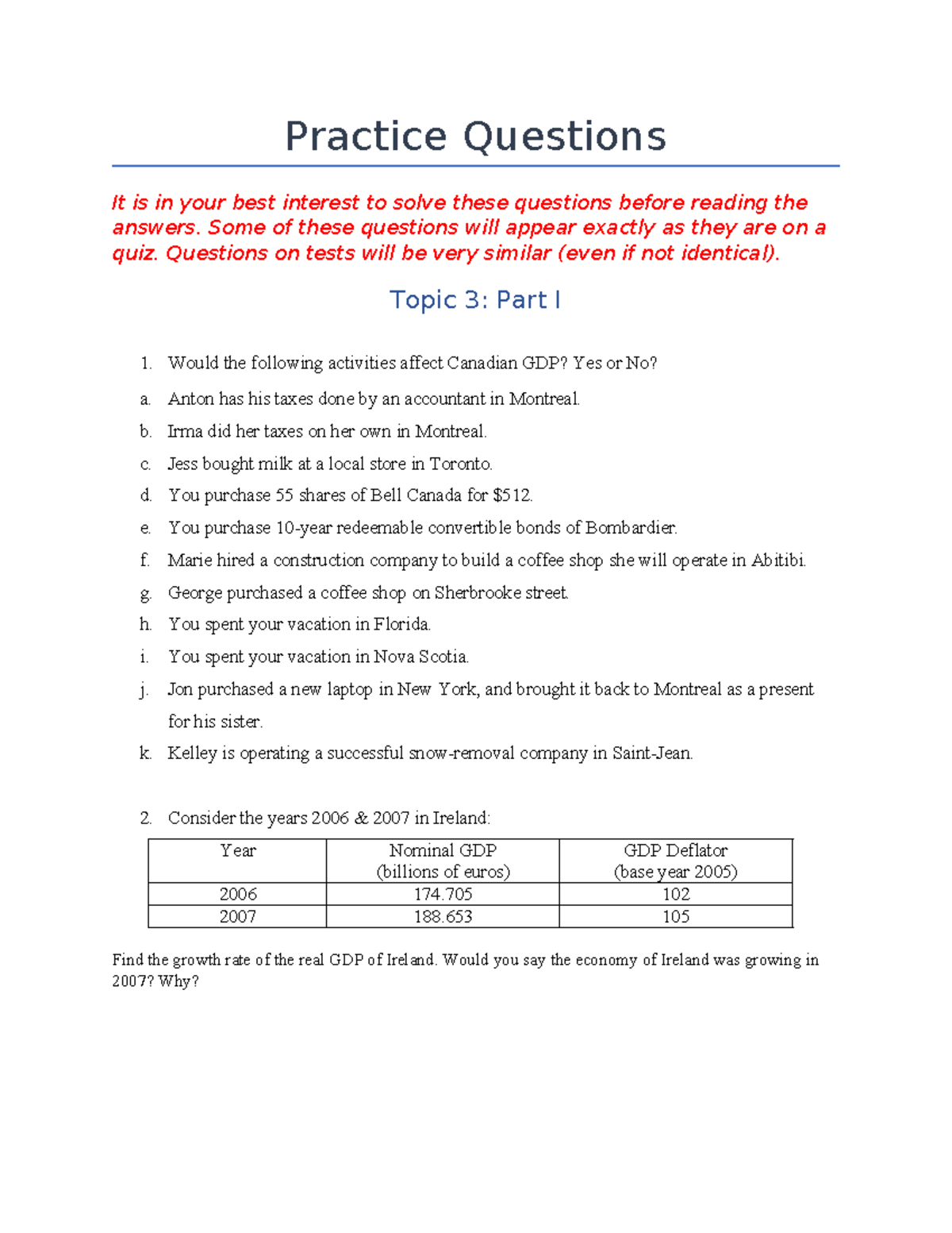 Topic 3 - GDP - Practice Questions for Part I - Practice Questions It ...