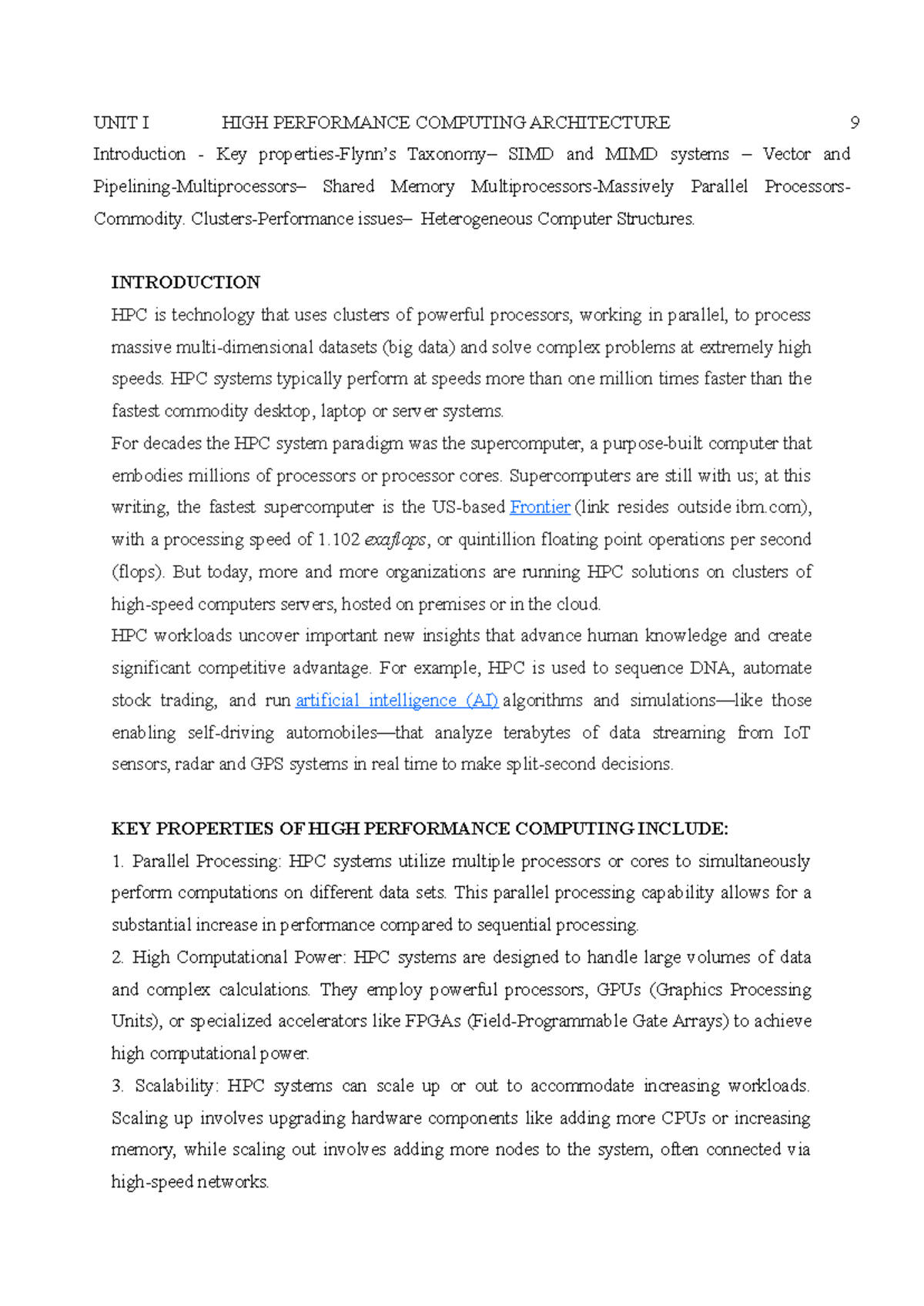 Lecture Notes: HIGH PERFORMANCE COMPUTING ARCHITECTURE (HPC) - Studocu