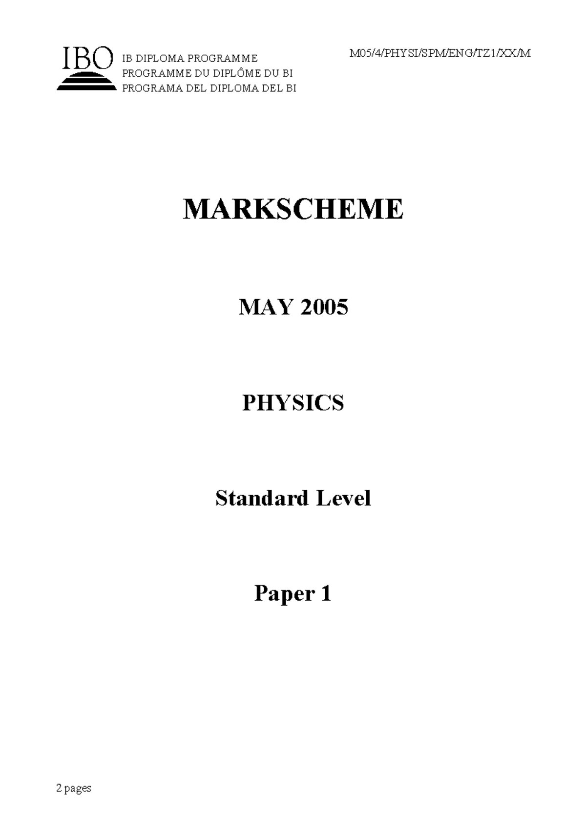 Physics paper 1 TZ1 SL markscheme - P1.3 - c IB DIPLOMA ...
