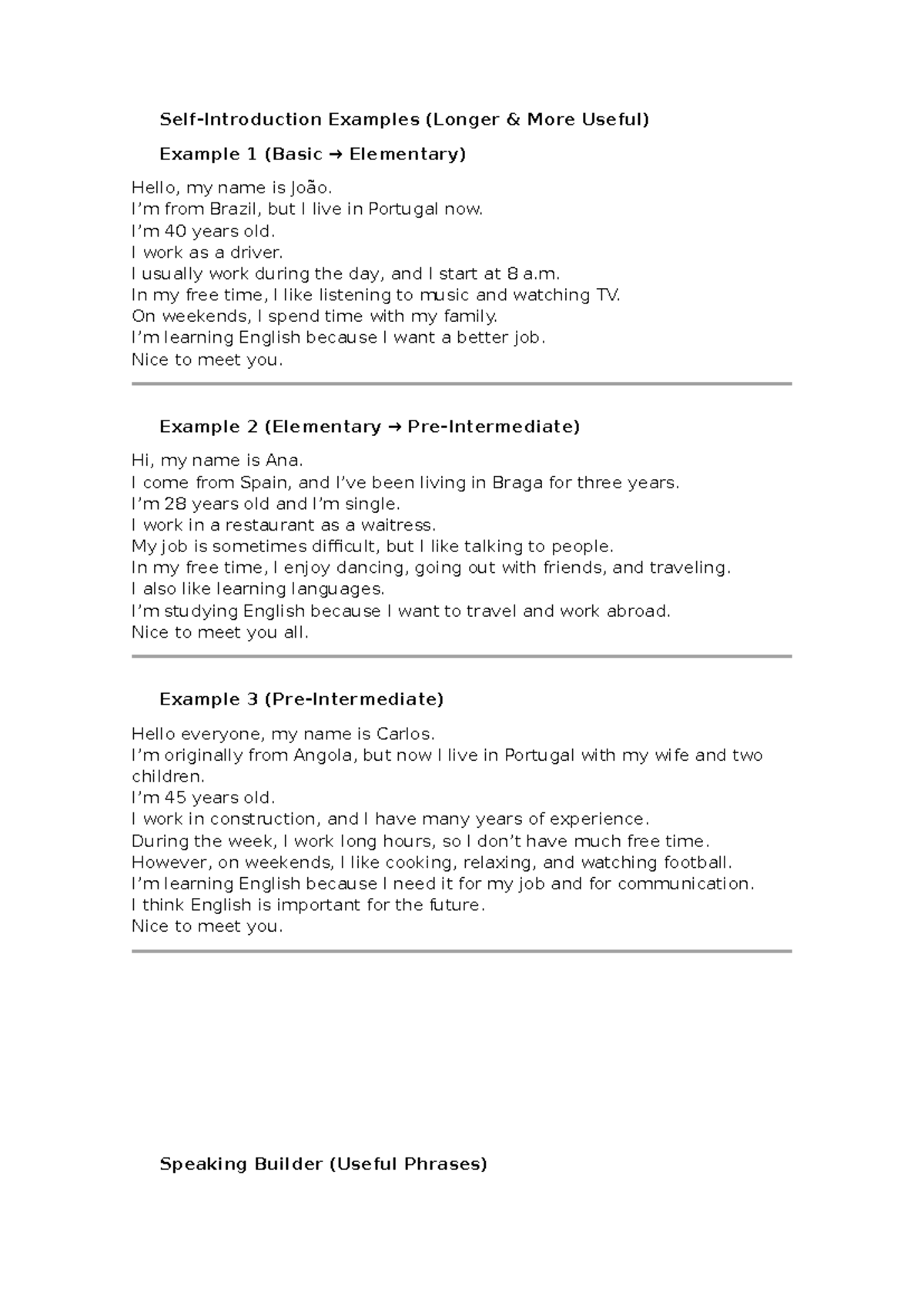 Self-Introduction Examples for English Learners (Elementary) - Studocu