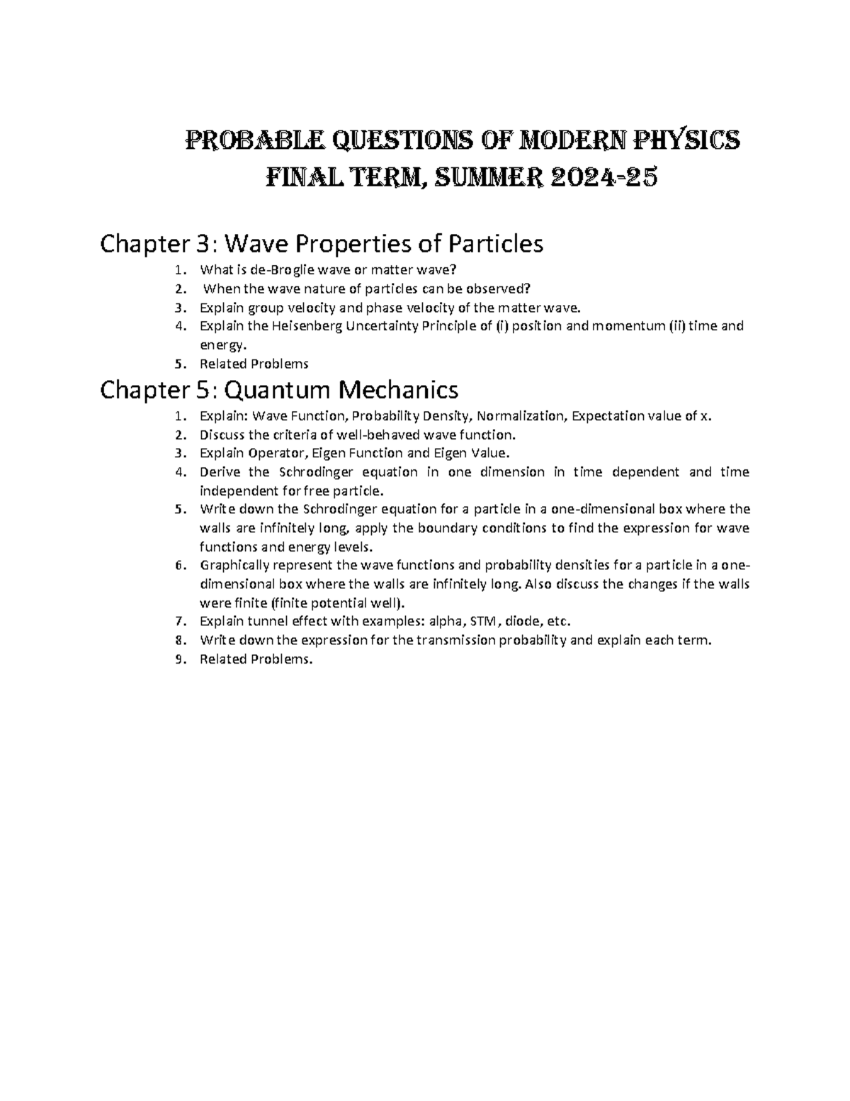 Final Probable Questions for Modern Physics (PHYS 101) - Summer 2024-25 ...